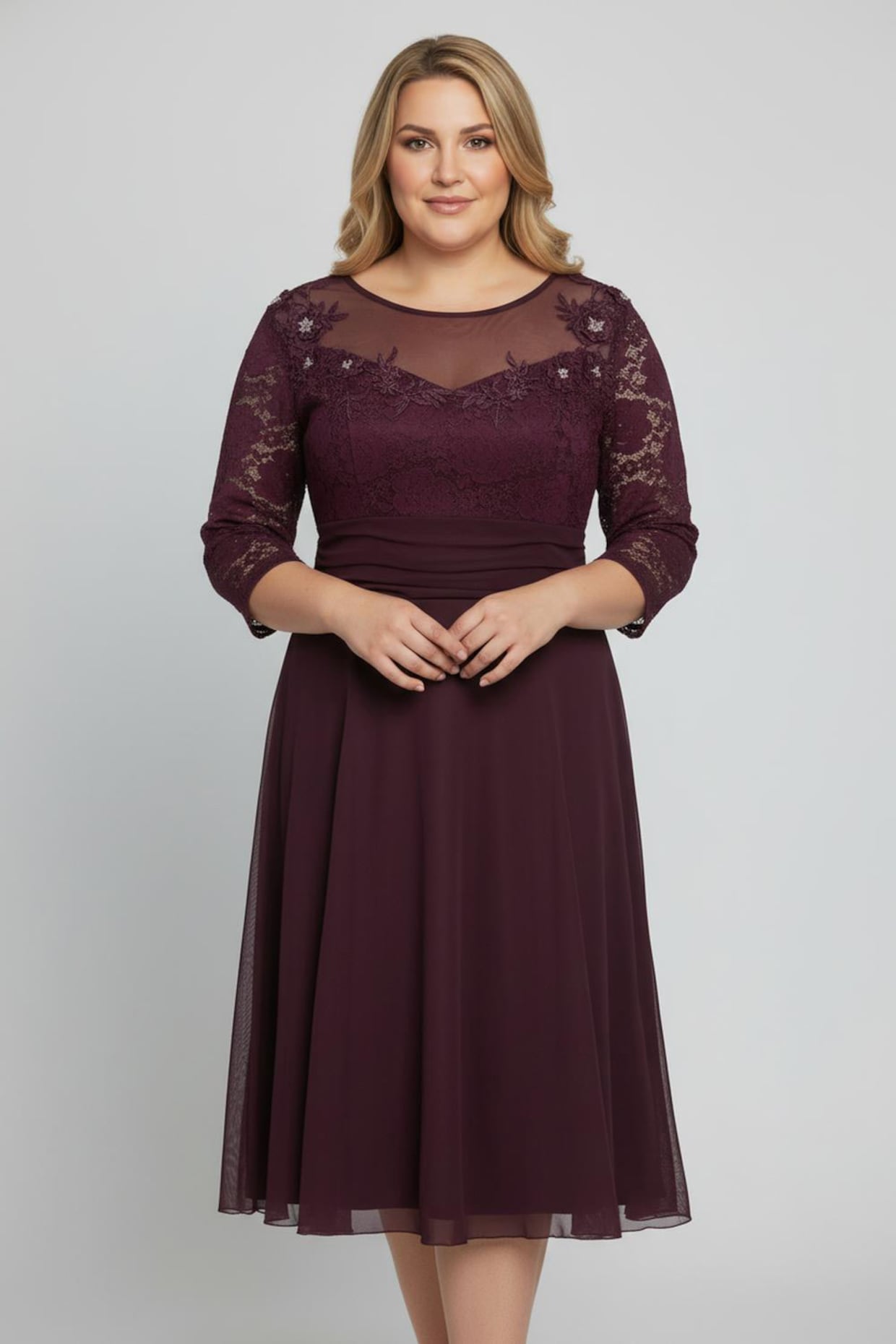 Cocktailkleid mit Spitze und Glitzersteinchen - burgund