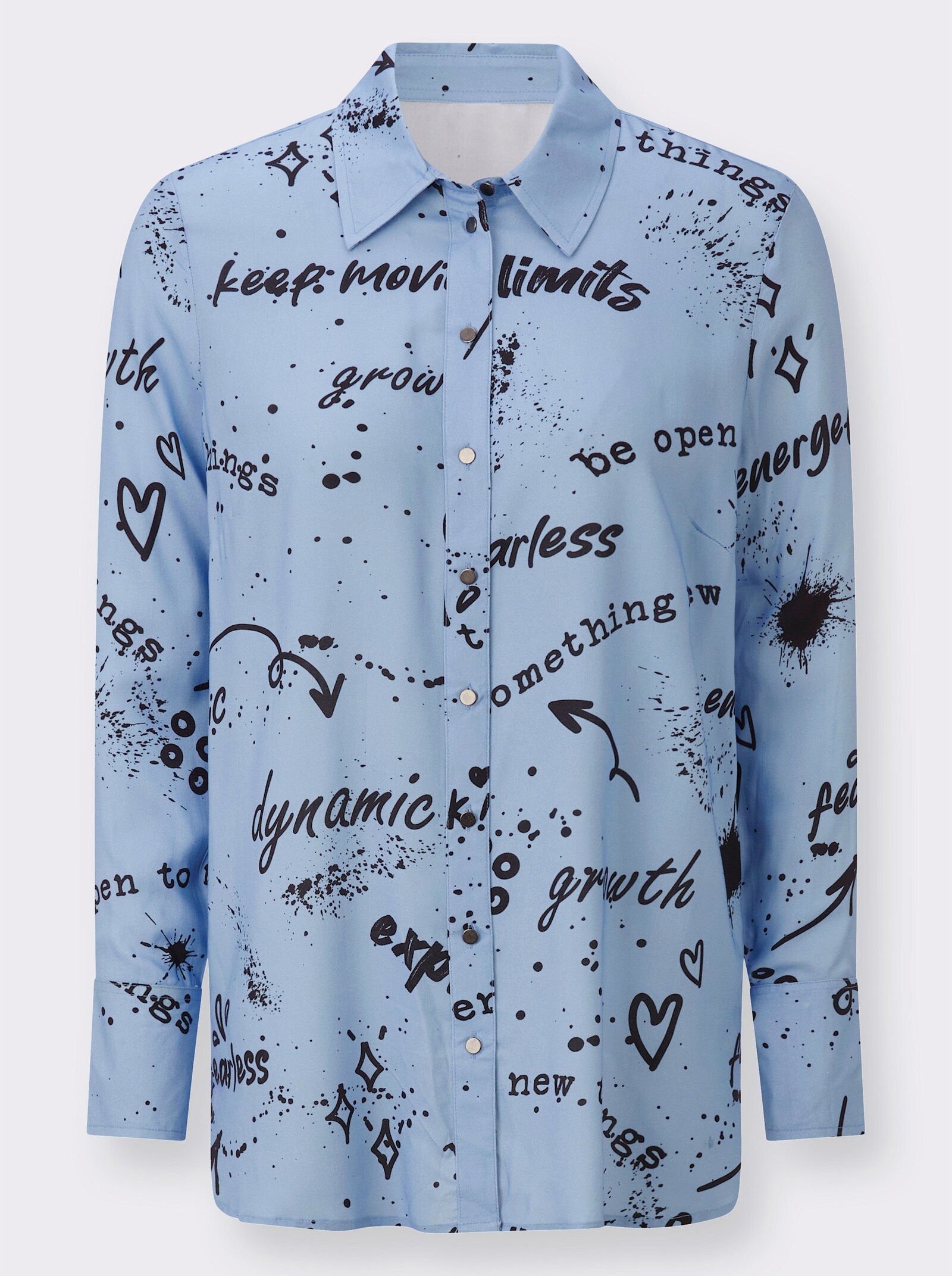 Druckbluse mit abgerundeten Seitenschlitzen - himmelblau-schwarz-bedruckt