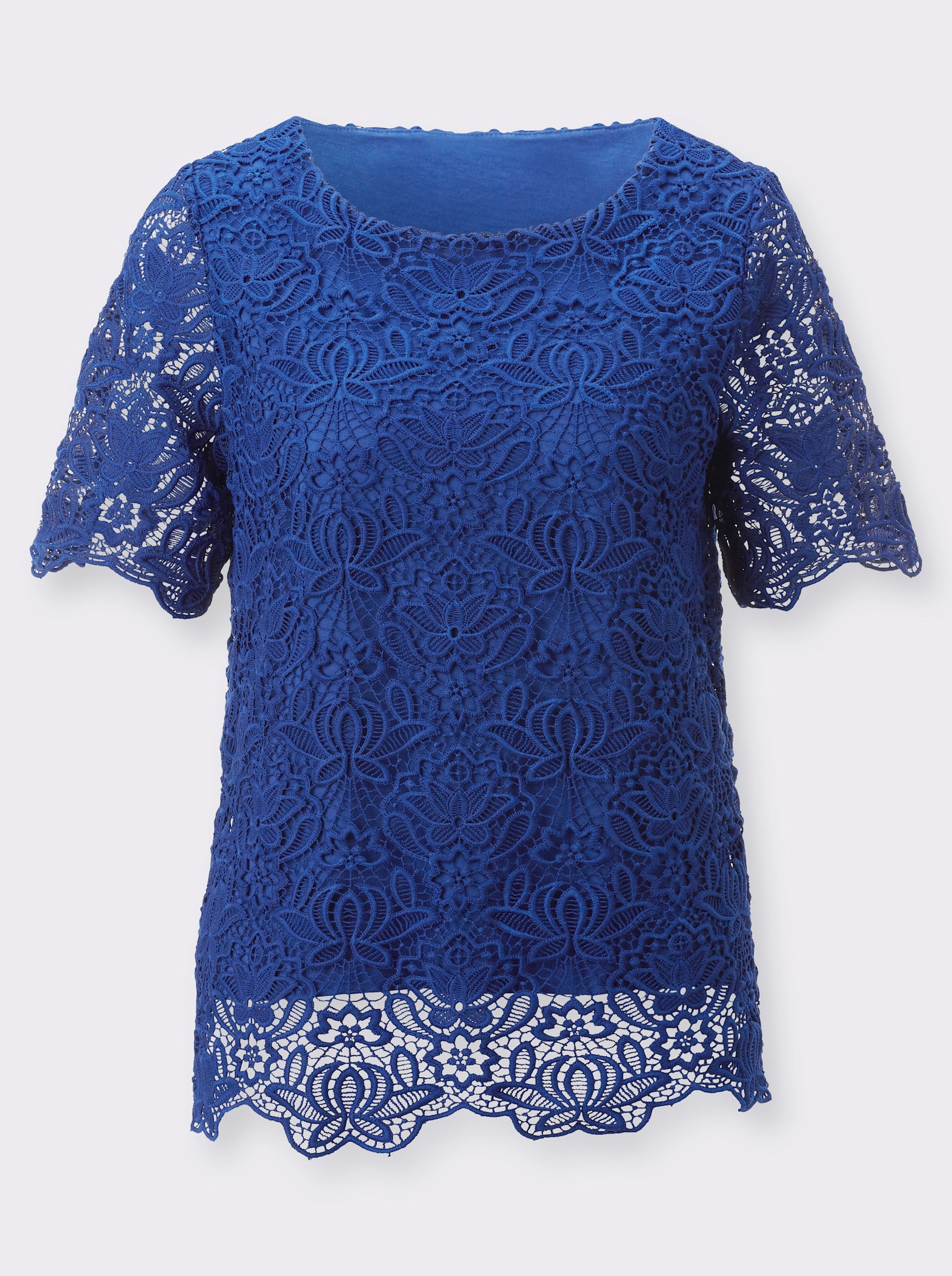 Spitzenshirt mit Wellenkante - royalblau