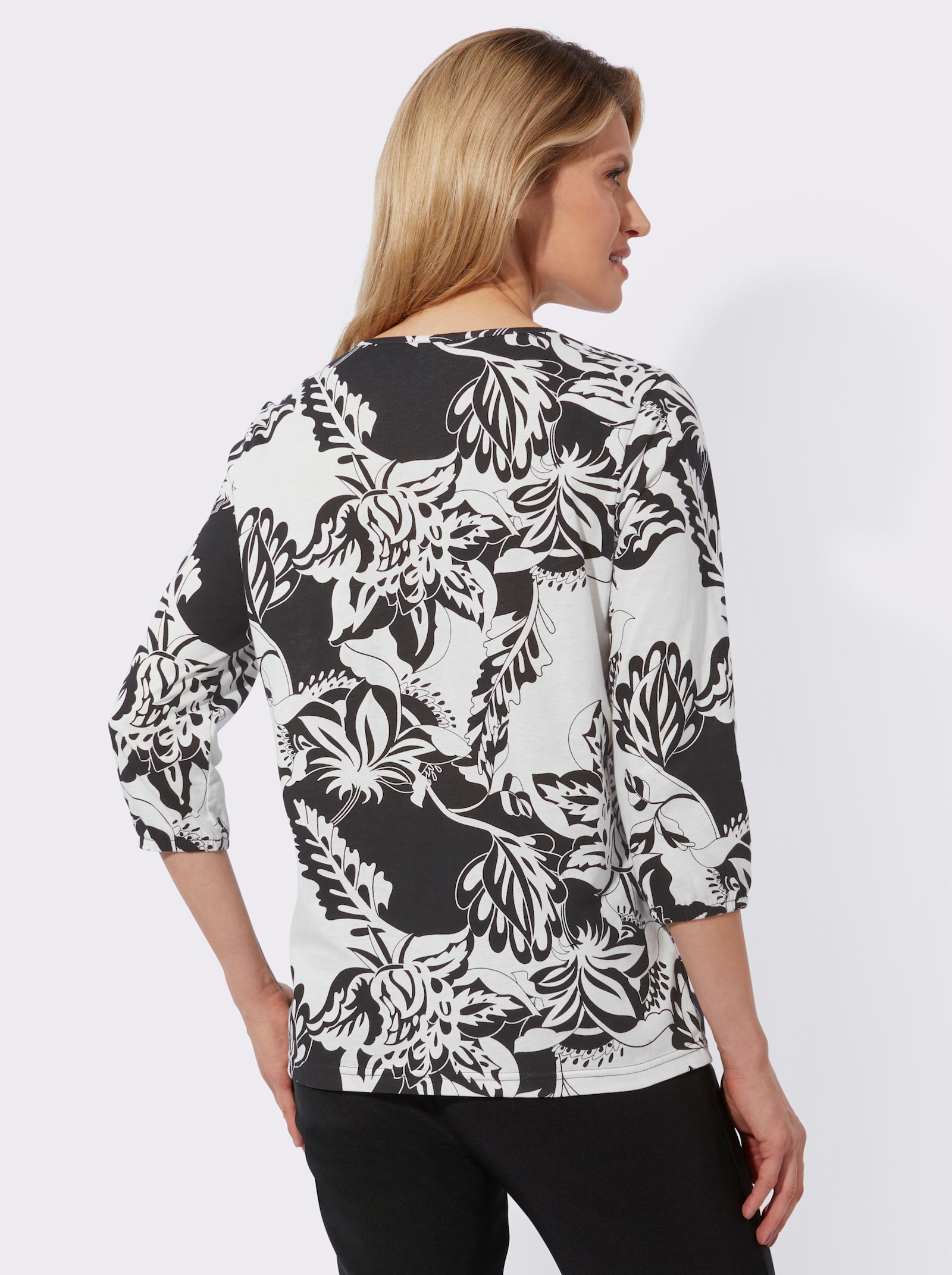 Shirt met ronde hals en contrasterende bloemen - ecru/zwart geprint
