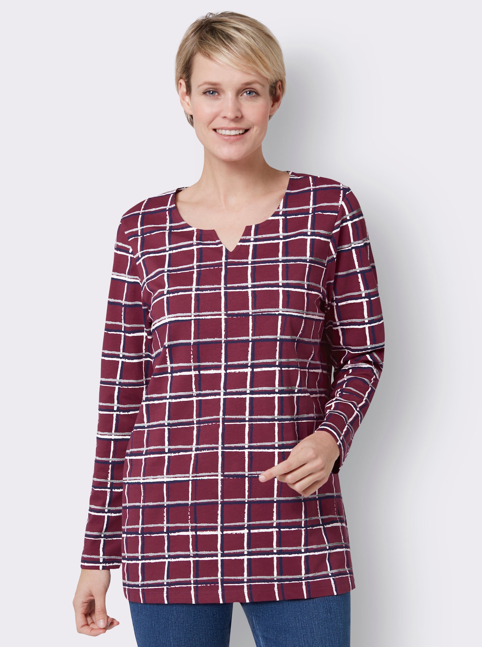 Dlouhé tričko s kostkovaným vzorem - bordó-noční modrá-kostka