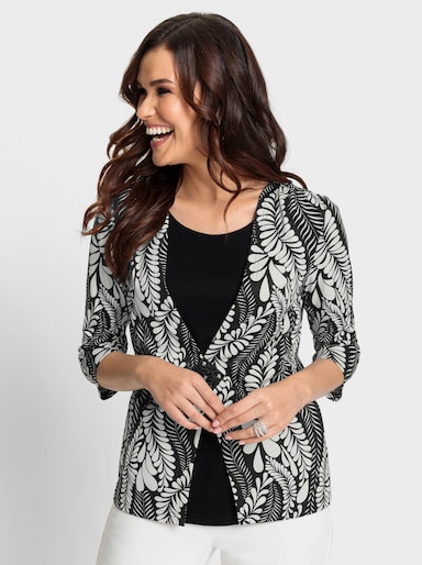 2-in-1-Shirt mit Rauten-Applikation - schwarz-ecru-bedruckt