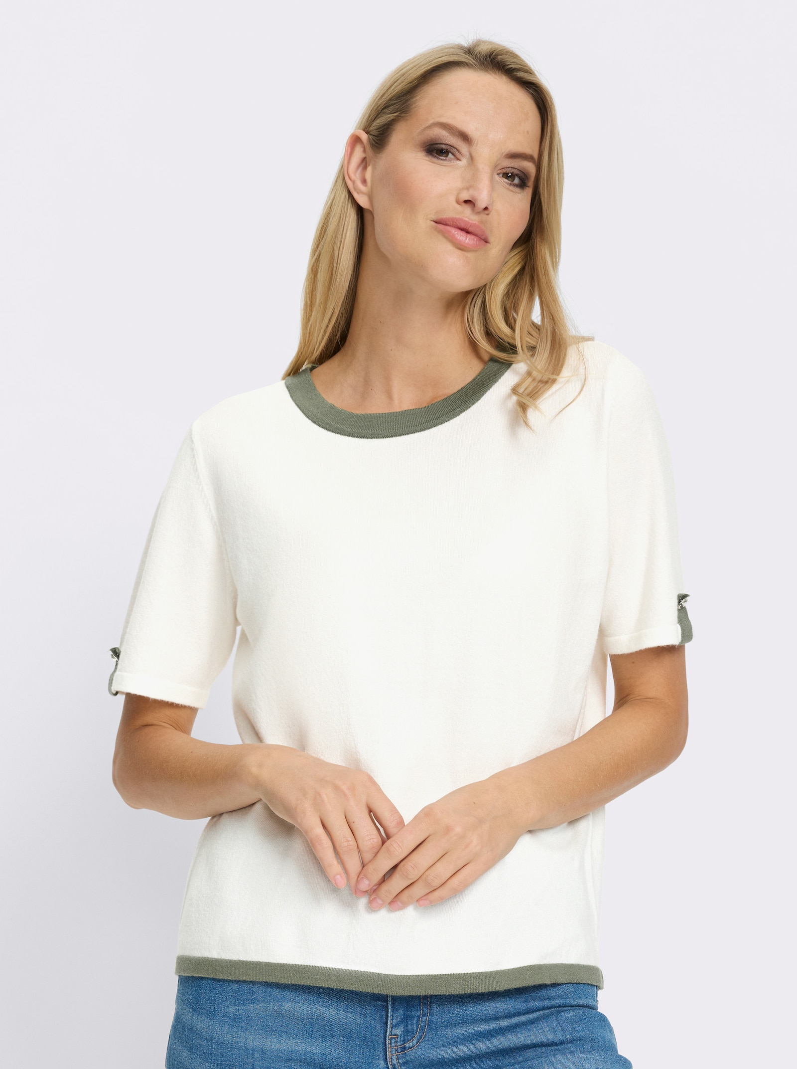 heine Pullover met korte mouwen en contrastkleurige hals - ecru