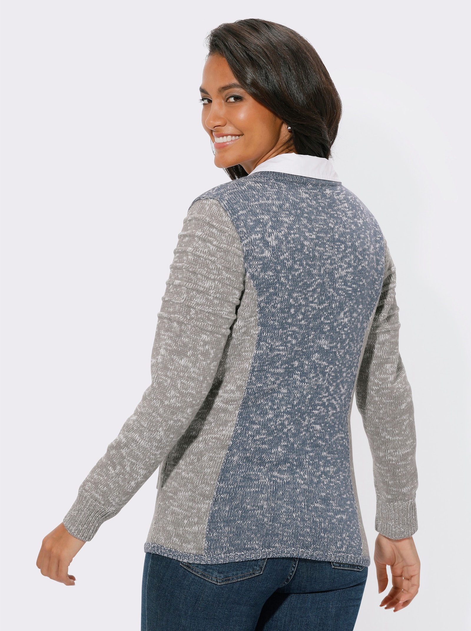 Strickjacke mit Lederimitat-Details - grau-rauchblau-meliert