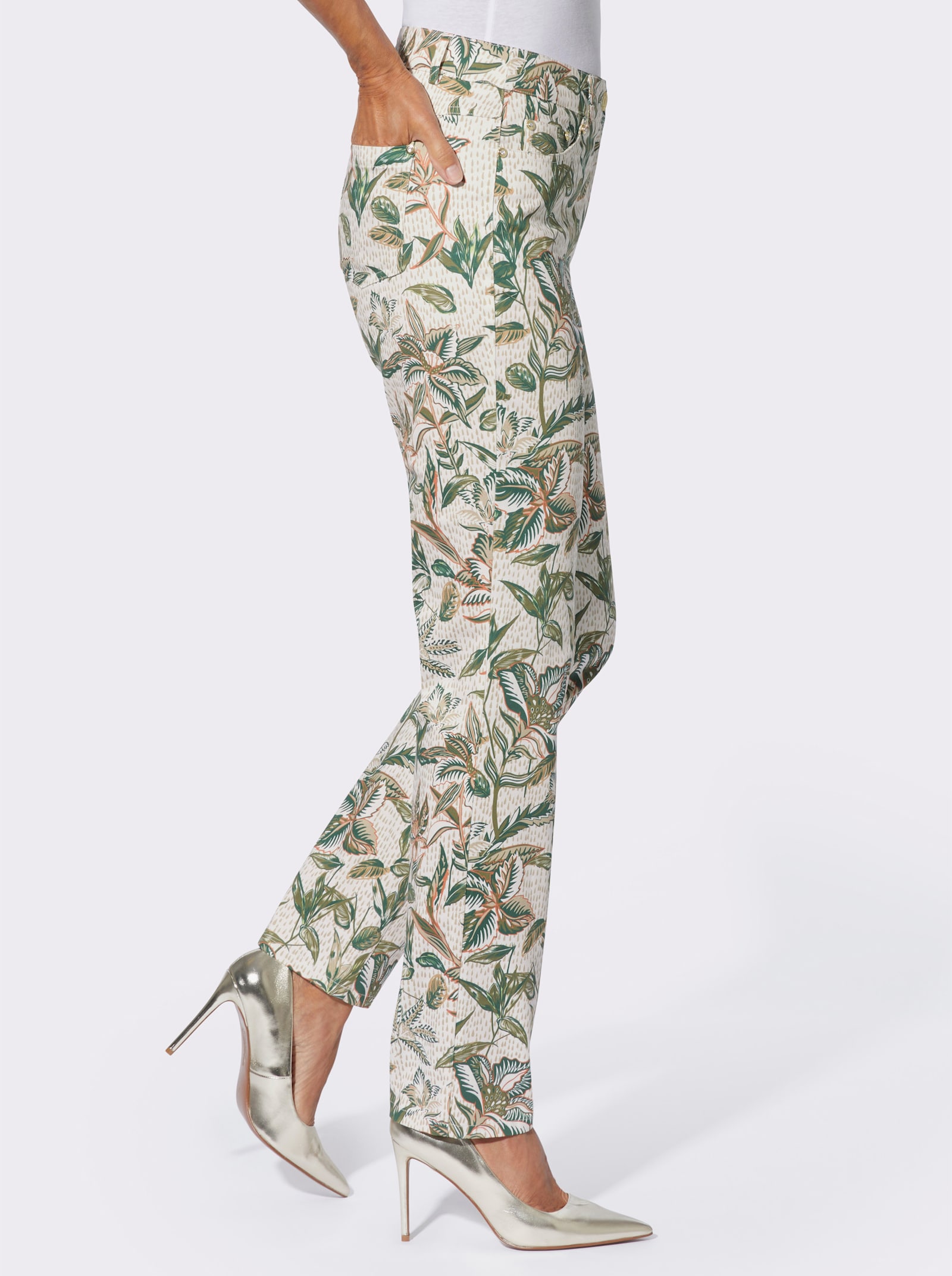 Druckhose in Satin-Qualität - ecru-oliv-bedruckt