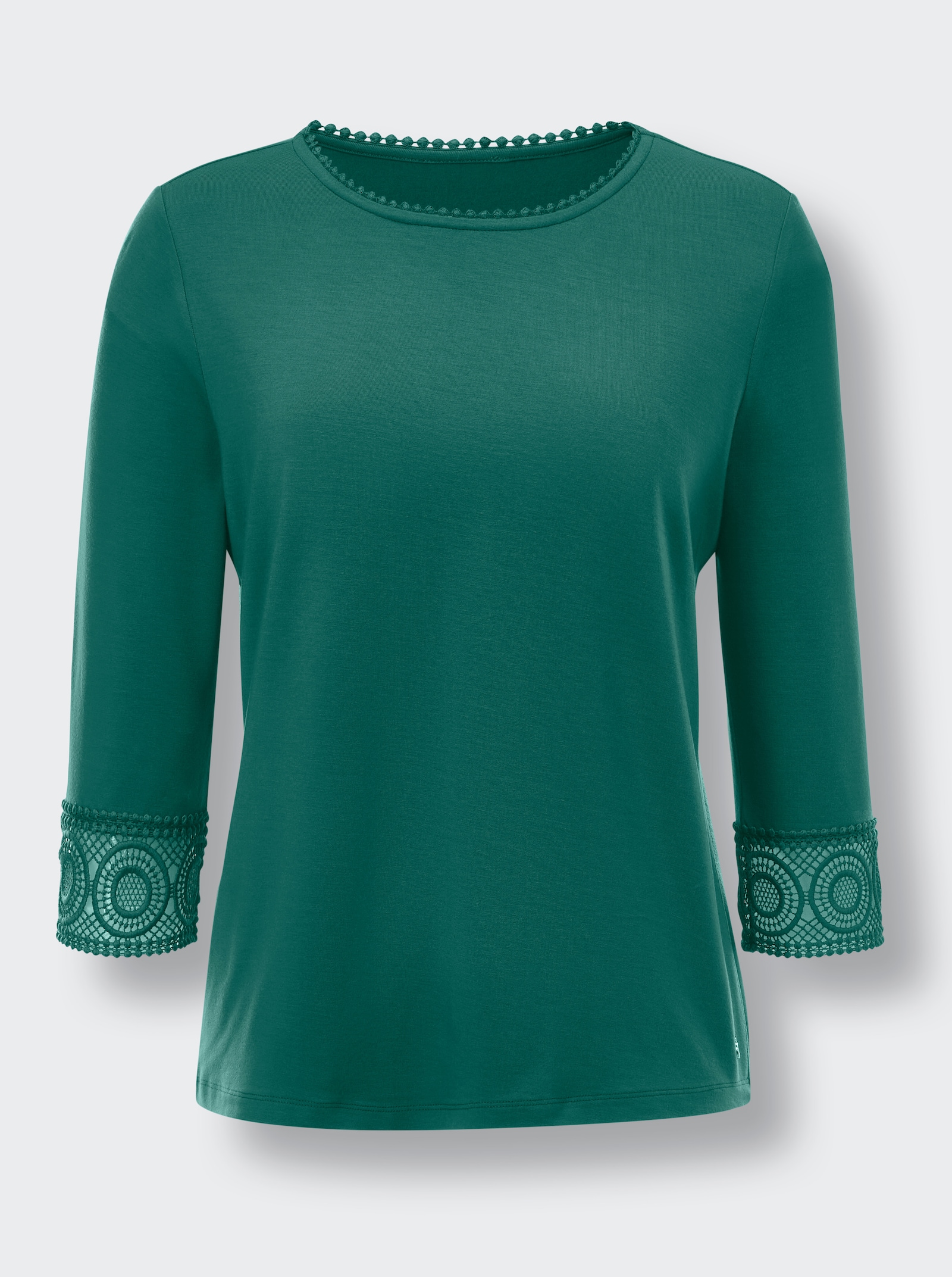 CREATION L PREMIUM 3/4-Arm-Shirt mit Spitzenbordüre an Ausschnitt und Ärmeln - dunkelgrün