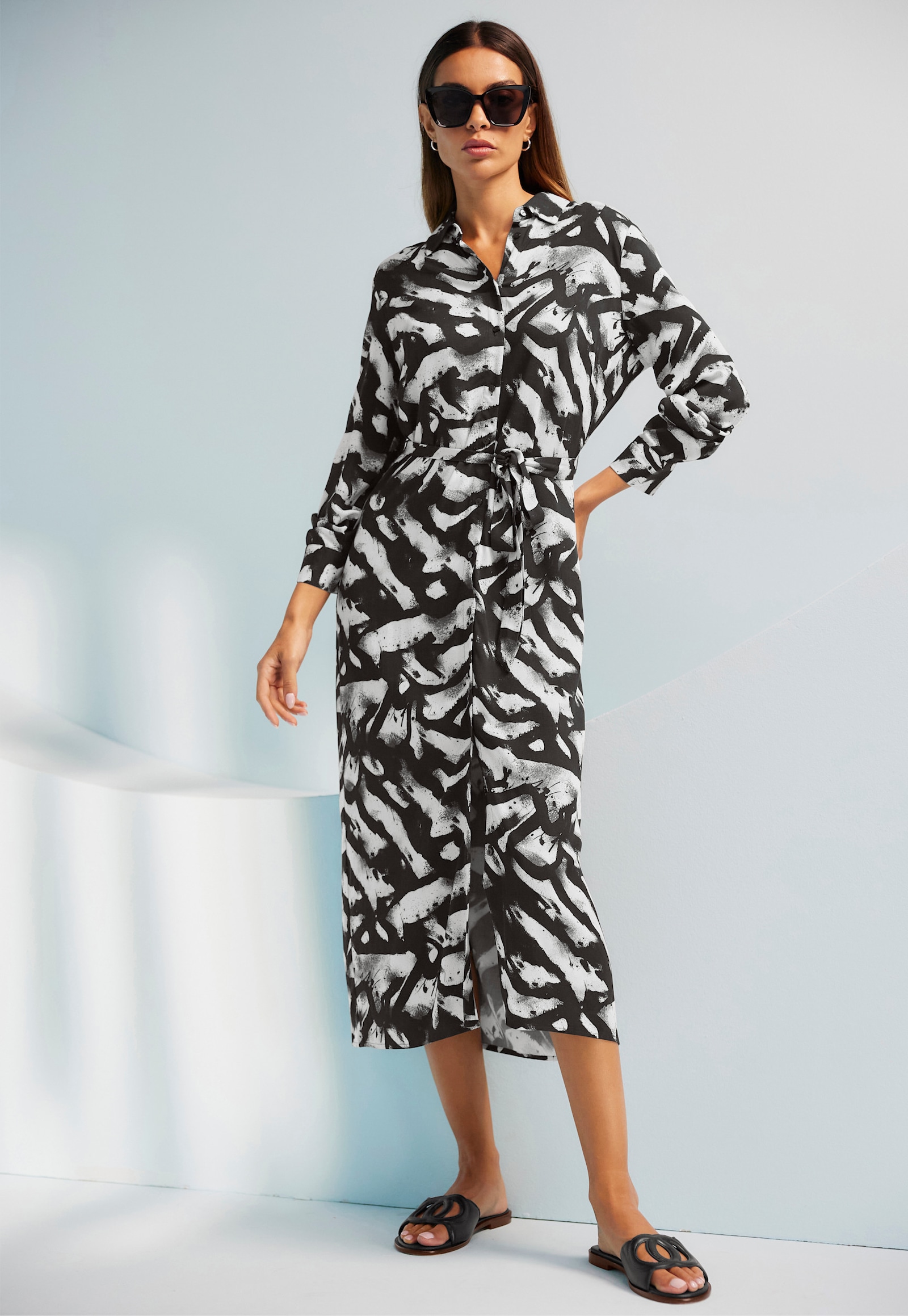 heine Hemdblusenkleid aus reiner Viskose, bedruckt - ecru-schwarz-bedruckt