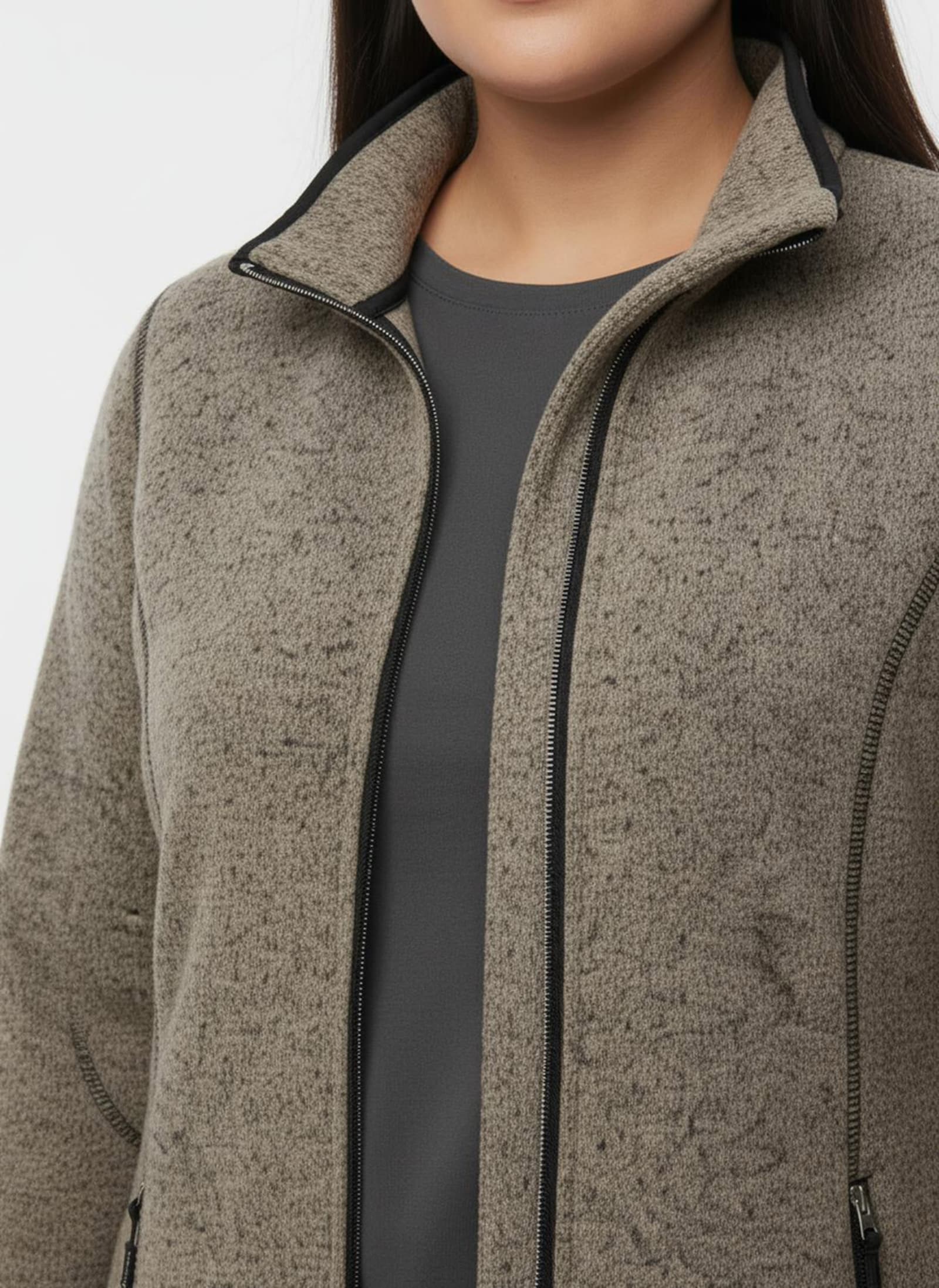 Strickfleecejacke in Longform - sesam-schwarz-gemustert