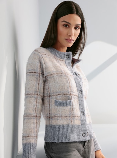 heine Jacquardstrickjacke mit Karo-Dessin - beige-grau-kariert