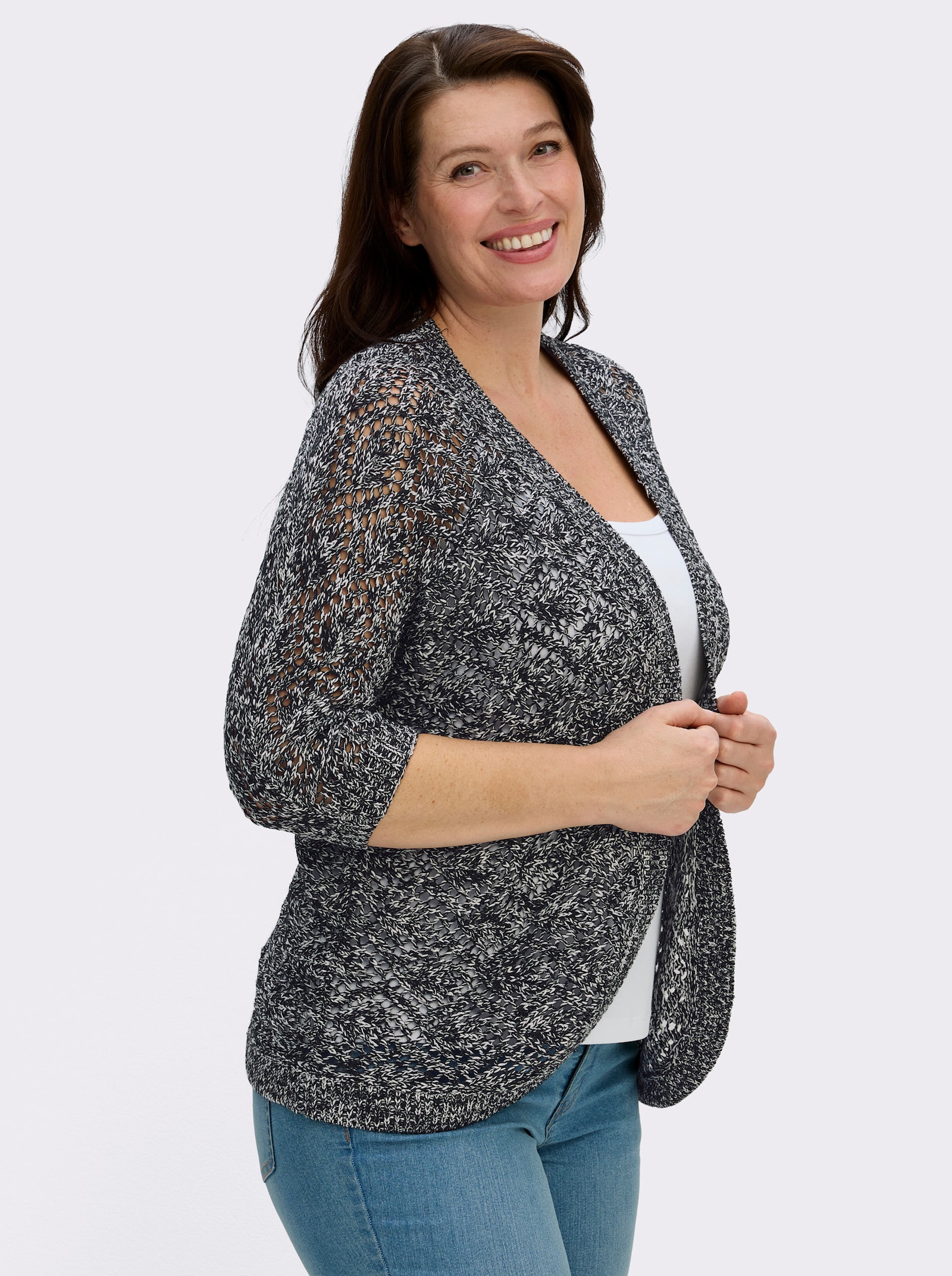 Ajourstrickjacke mit Fledermaus-Ärmeln - schwarz-ecru-meliert