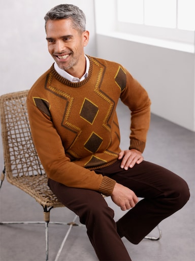 Pullover met ronde hals - cognac/chocolade gedessineerd