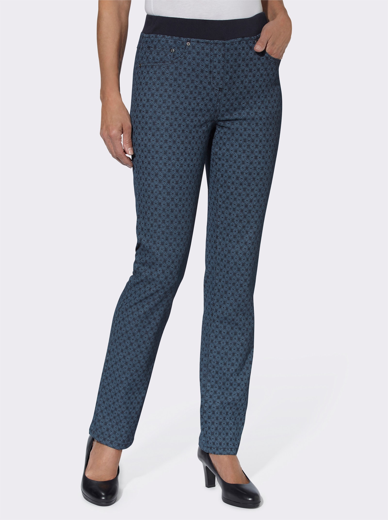 Schlupfjeans mit geripptem Strick-Dehnbund - dark blue-bedruckt