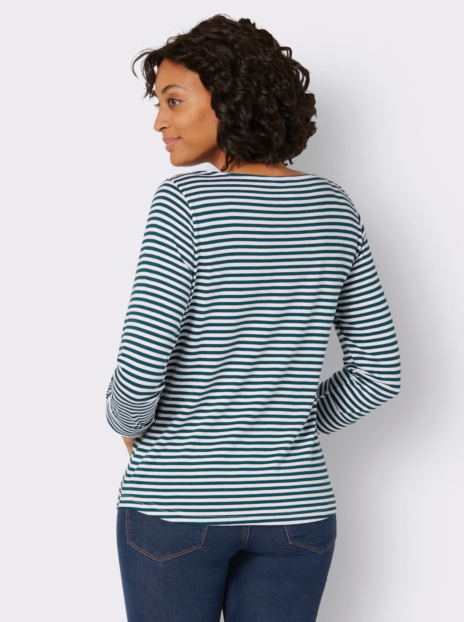 Ringelshirt mit Krempelärmeln - petrol-weiß-geringelt