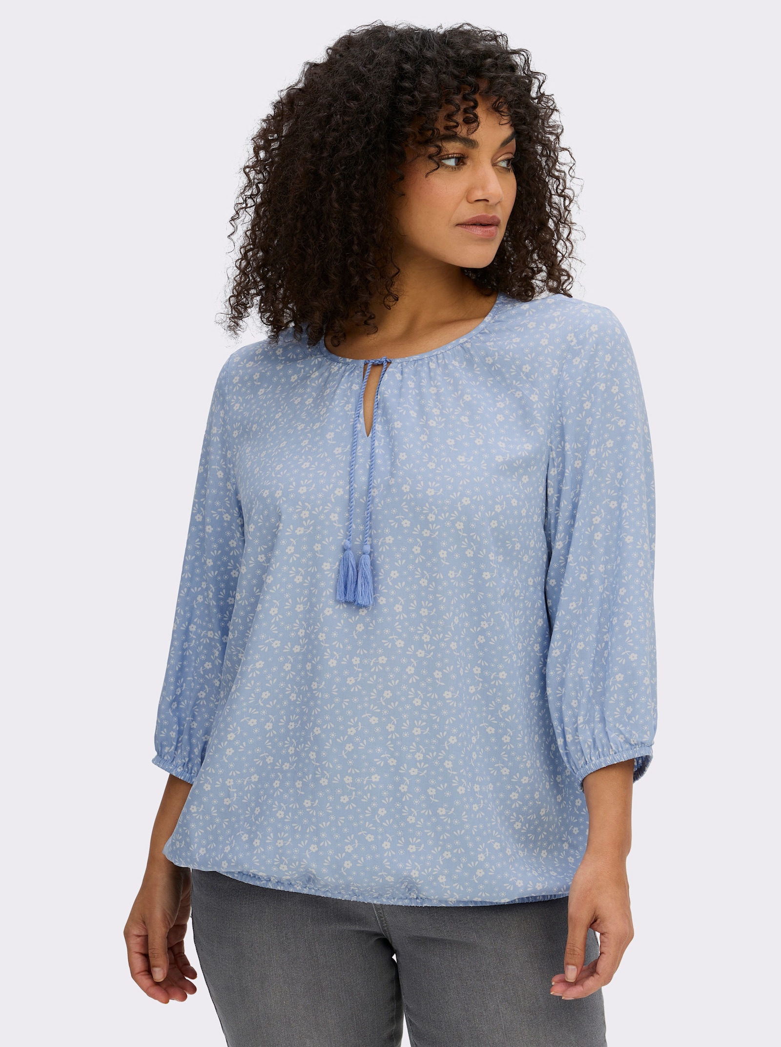 sheego Tunika mit Bindebändern - bleu-ecru-bedruckt