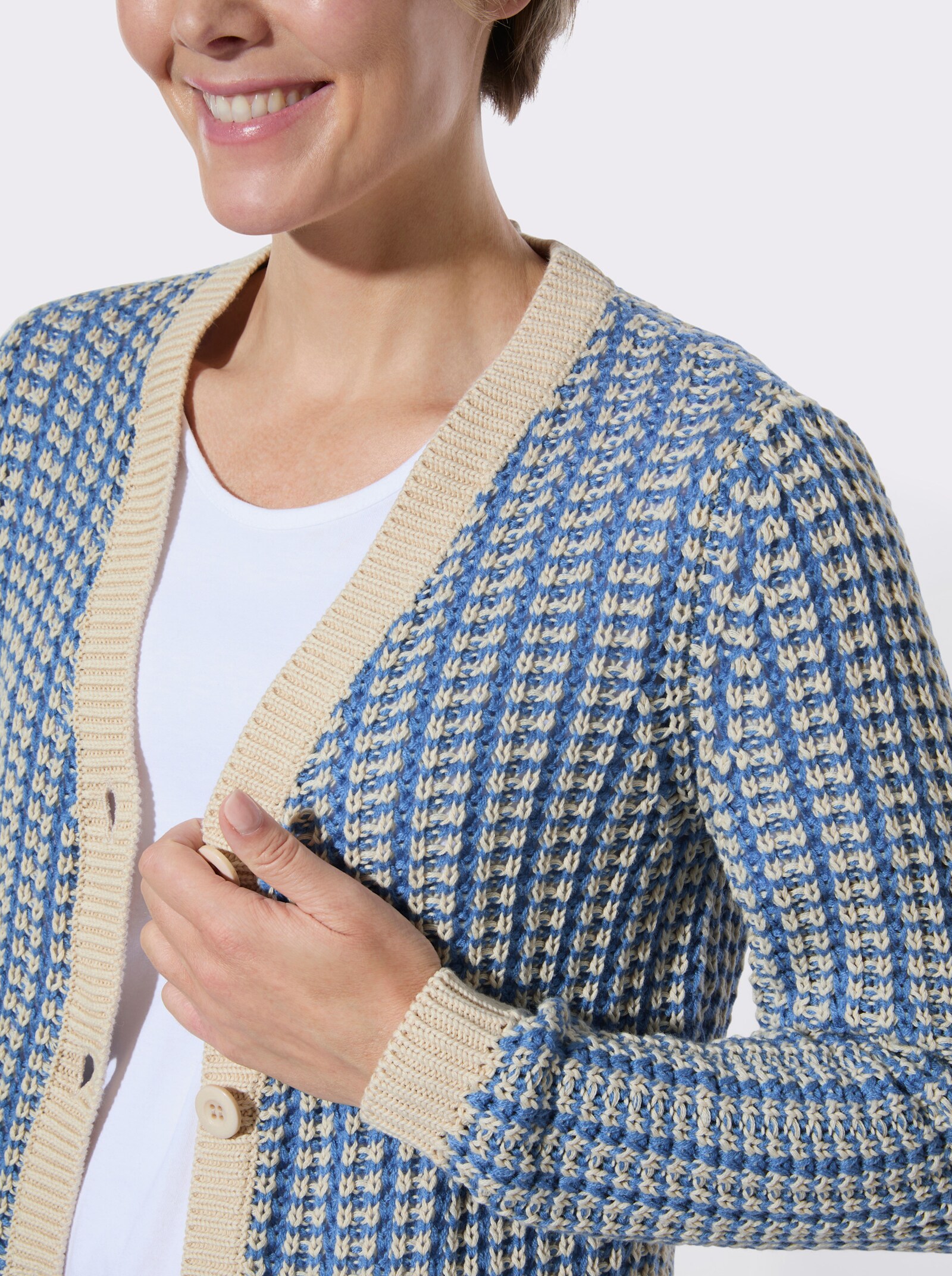 Strickjacke in zweifarbiger Melange-Optik - mittelblau-sand-gemustert