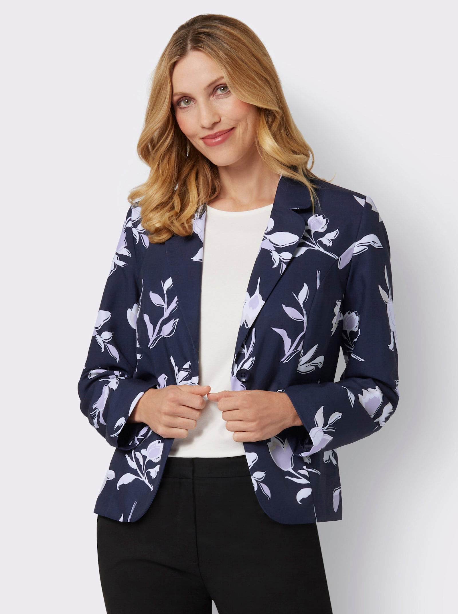 Blazer mit Blumen-Muster, gefüttert - marine-flieder-bedruckt