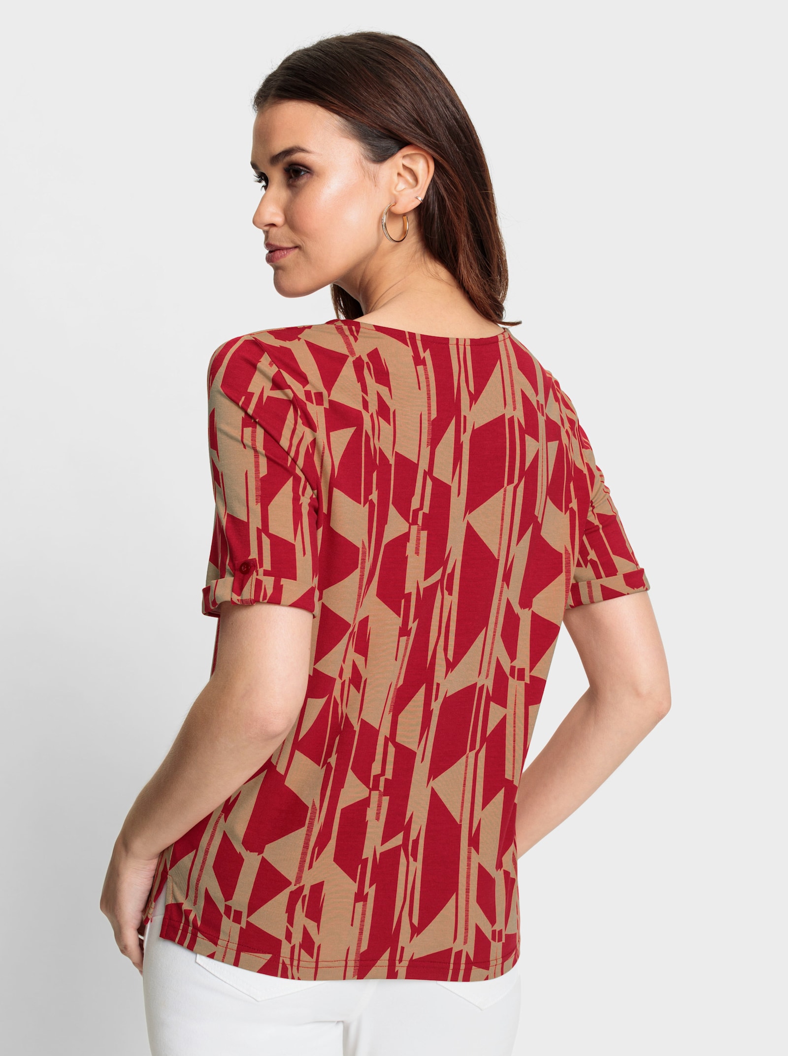 Shirt mit Riegel und Knopf am Ärmelaufschlag - camel-rot-bedruckt