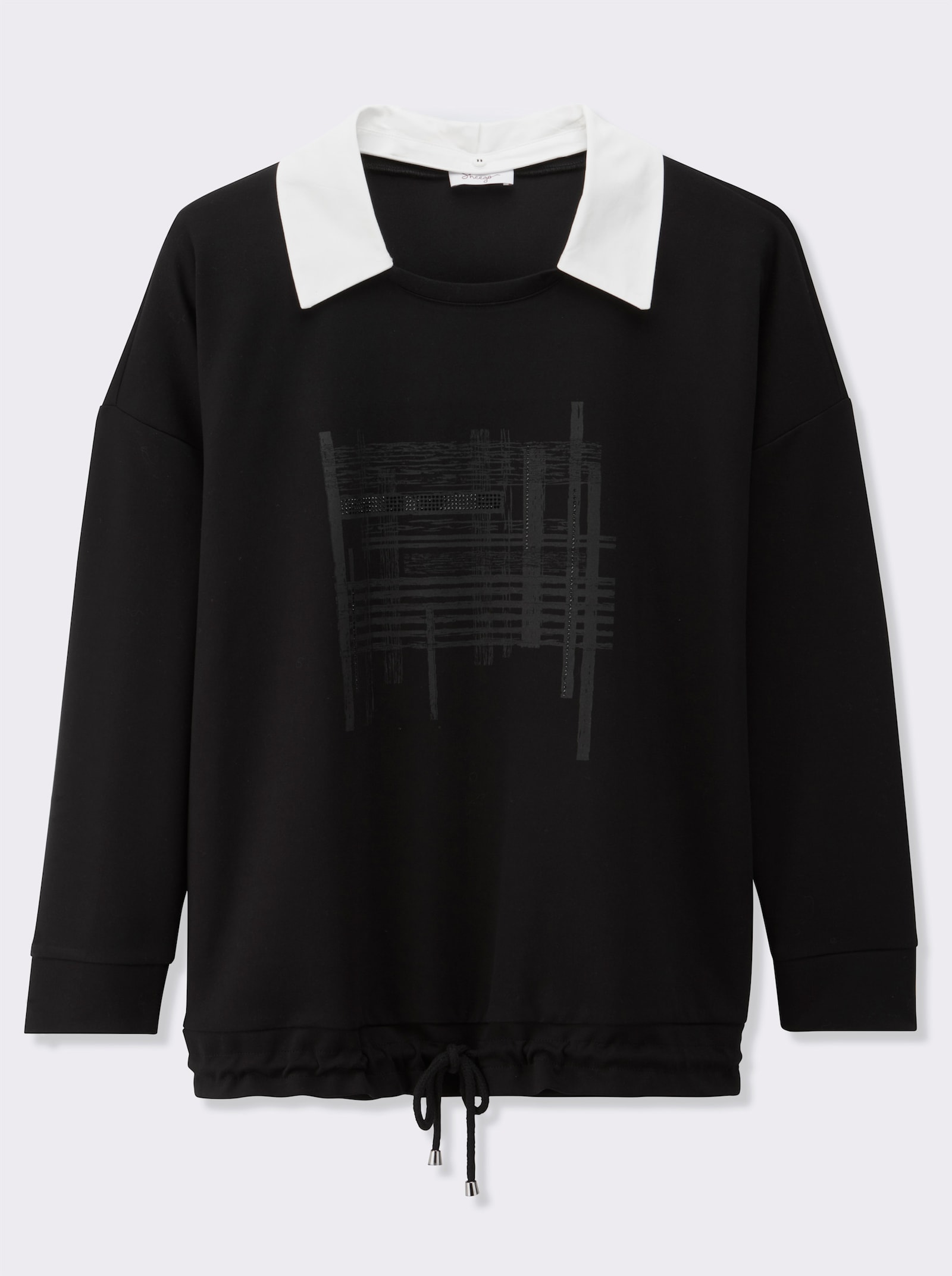 sheego Sweatshirt mit abnehmbarem Hemdkragen - schwarz-bedruckt