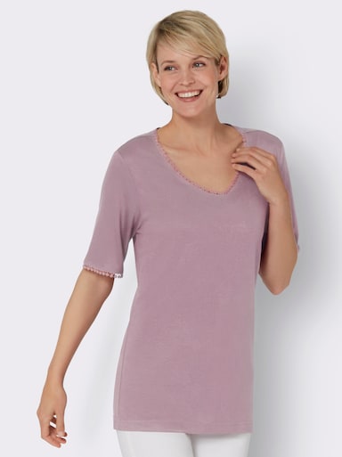 V-Shirt mit Spitzen-Verzierungen - mauve