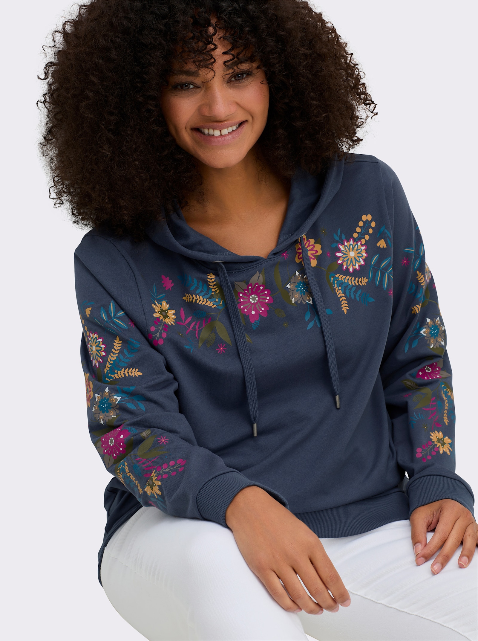 sheego Sweatshirt met bloemenprint - rookblauw