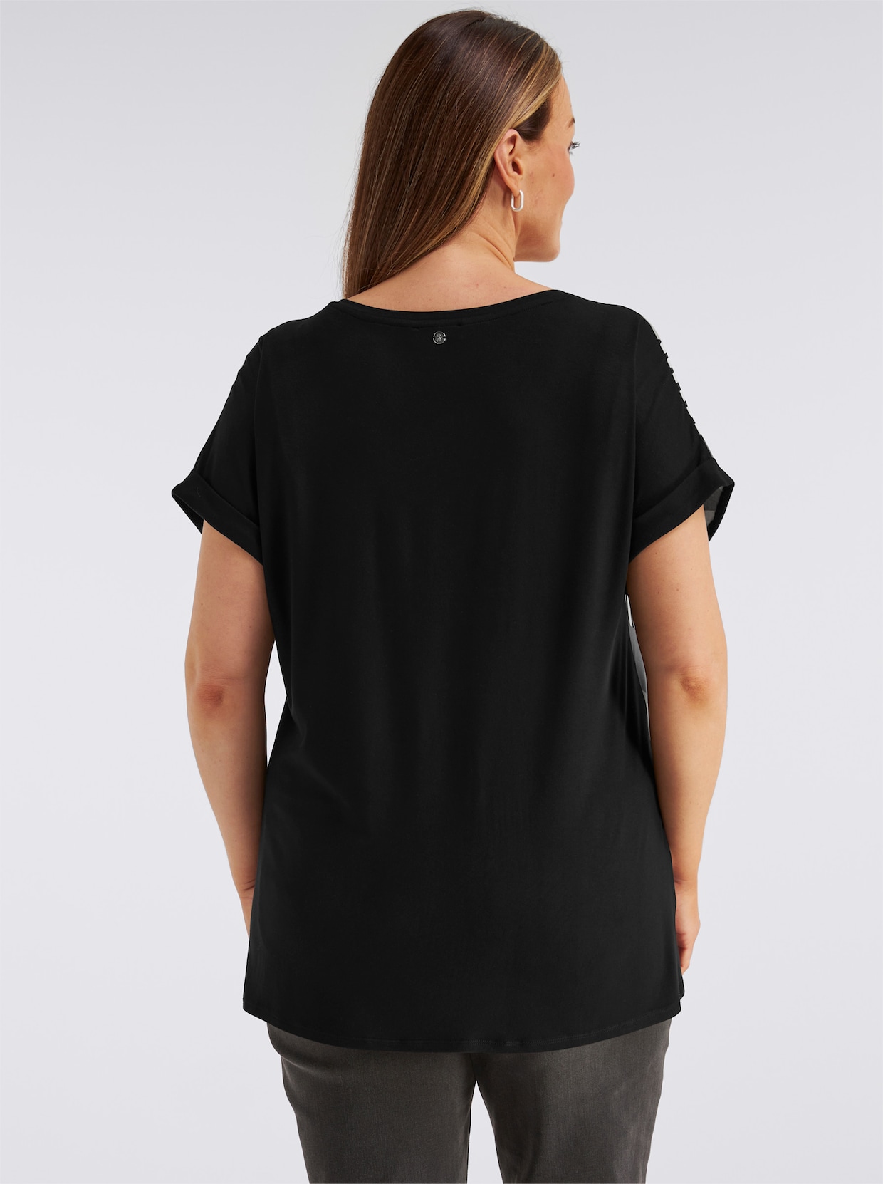 sheego Blusenshirt mit Grafikprint vorn - schwarz-grau-bedruckt