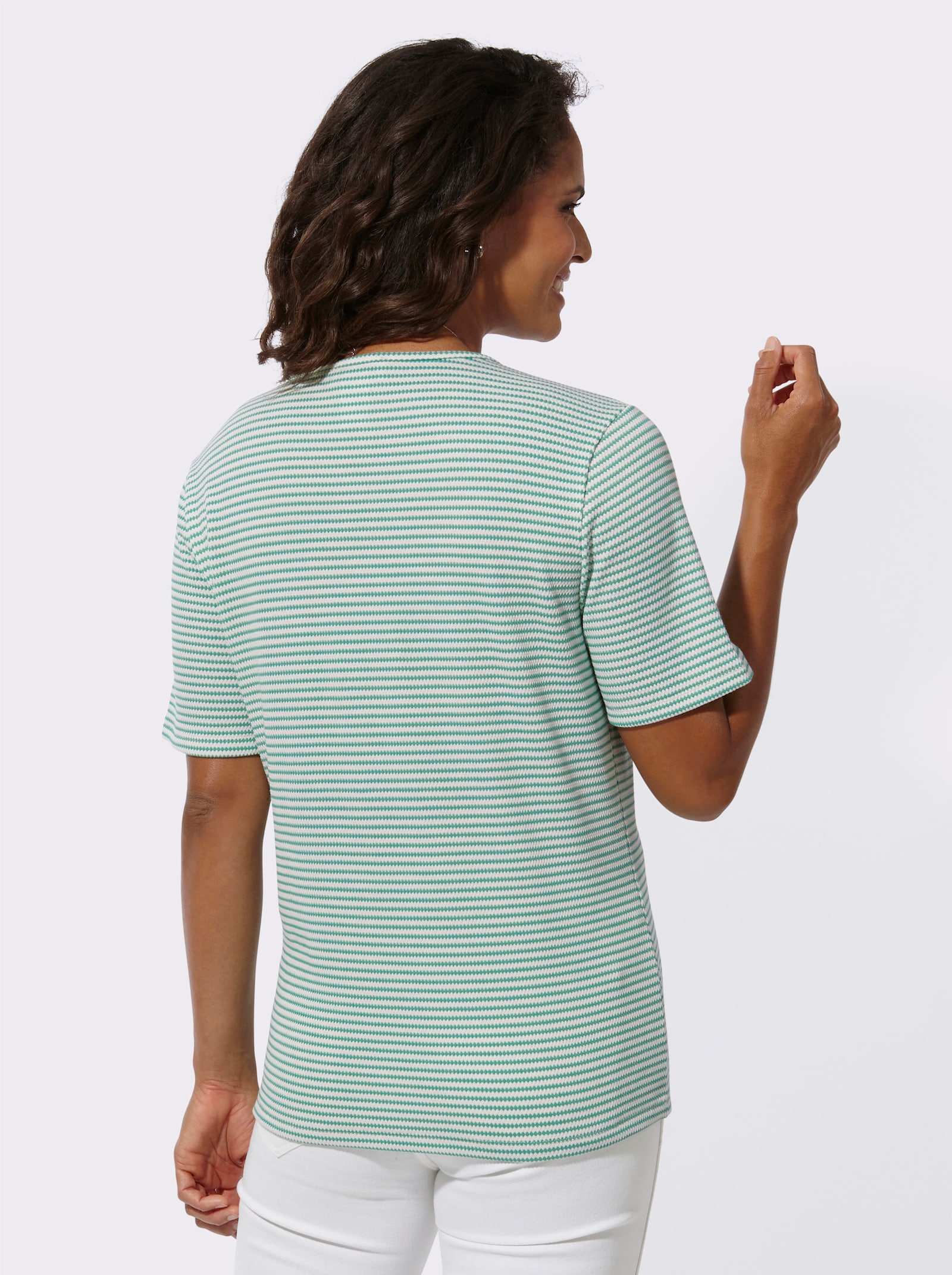 Kurzarmshirt im Jacquard-Dessin - blaugrün-weiss-gemustert