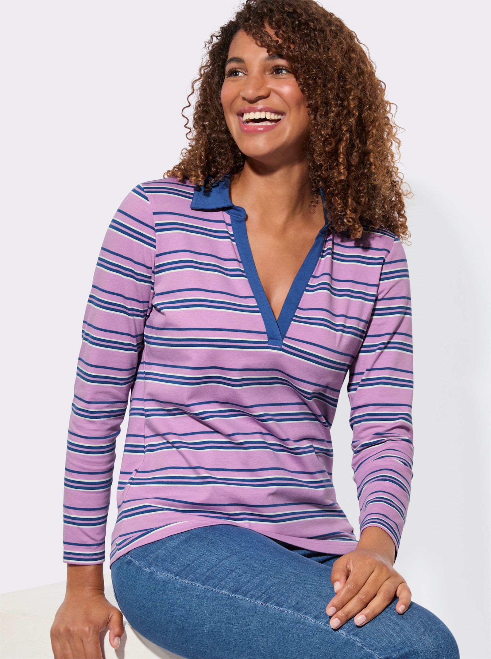 Poloshirt mit Ringelmuster - orchidee-jeansblau-gestreift