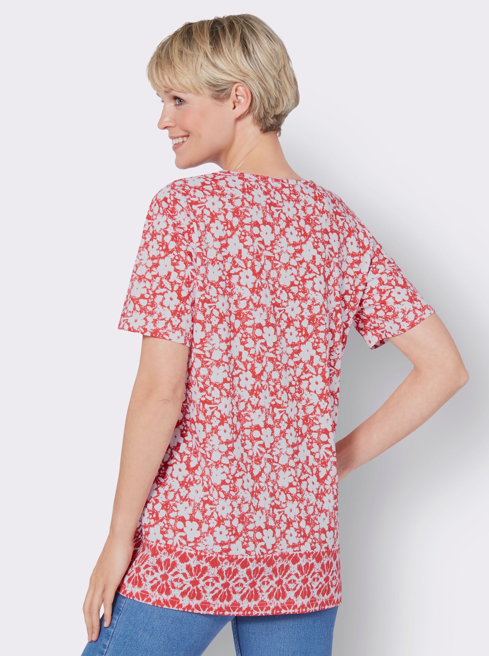 Longshirt mit Blumen- und Bordüren-Druck - rot-weiss-bedruckt