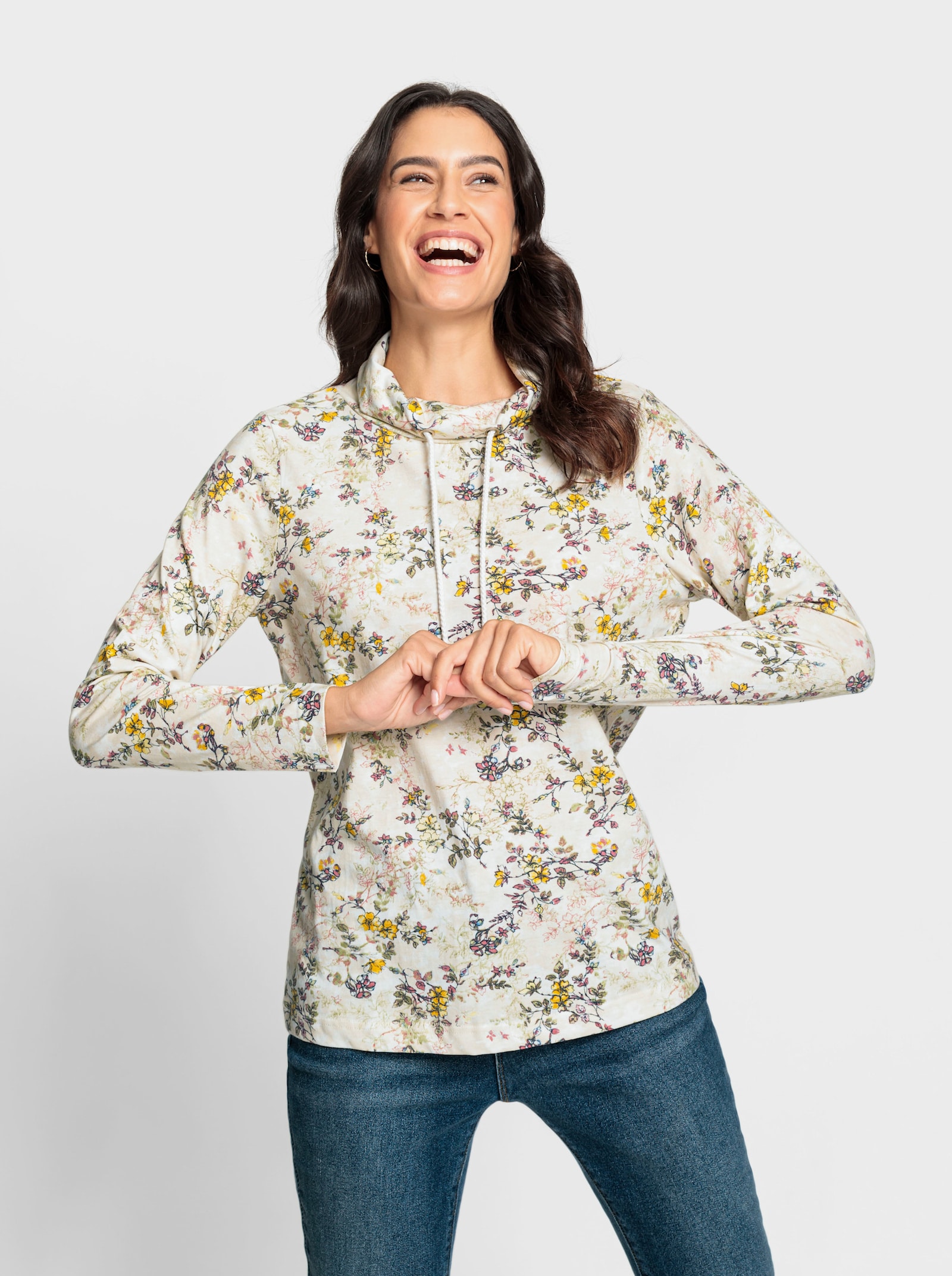 Stehkragenshirt mit Tunnelzug - champagner-bedruckt