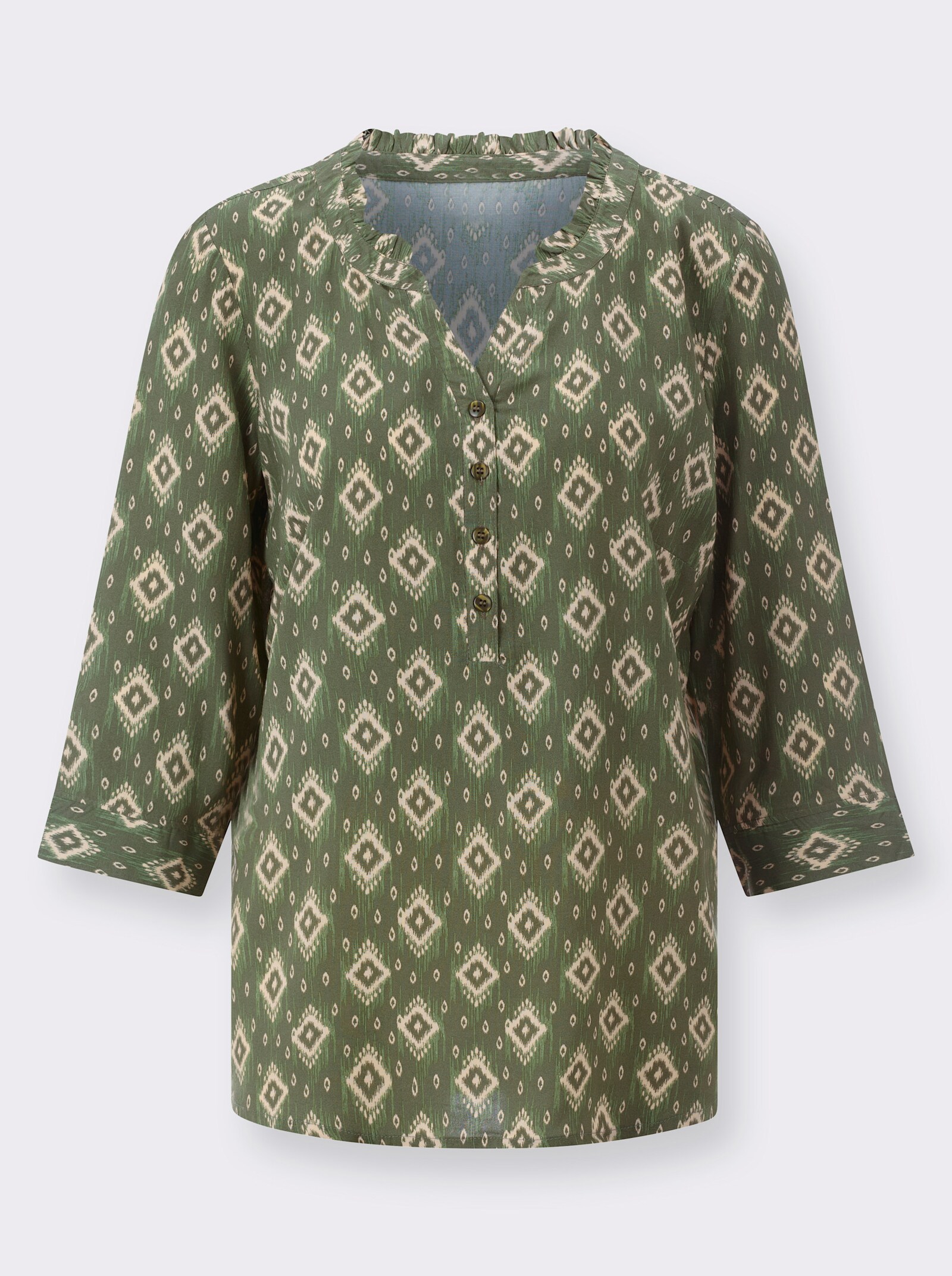 Comfortblouse met etnopatroon - kaki/zand/bedrukt