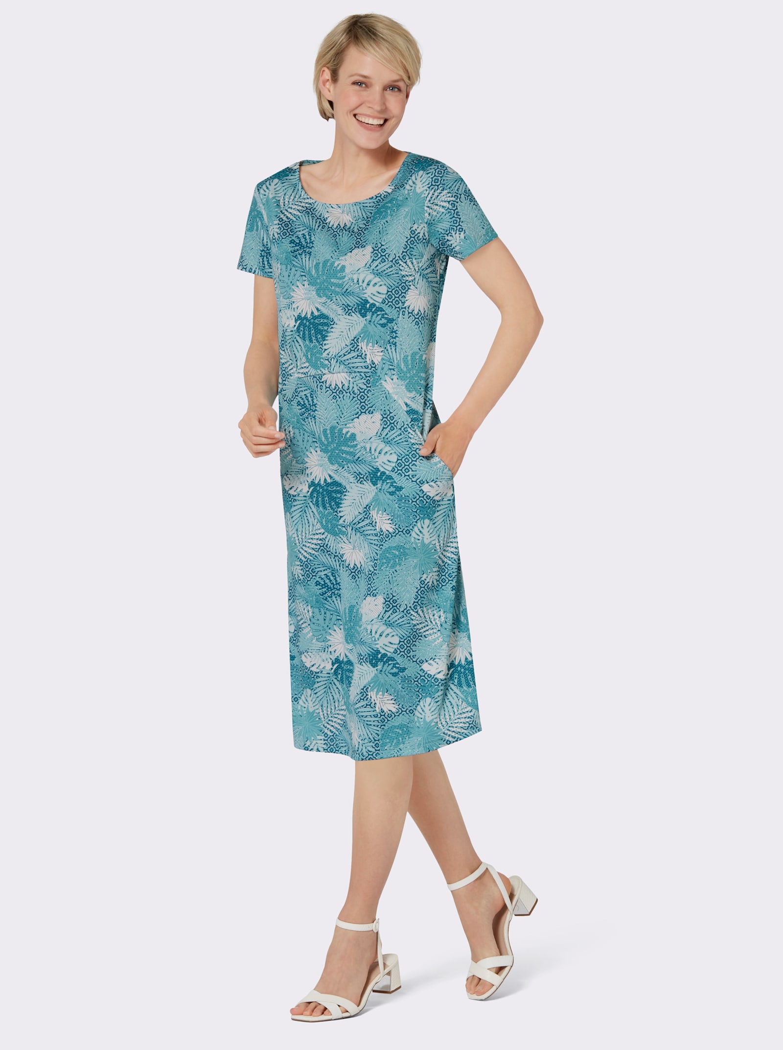 Jerseykleid mit Blättermuster - mint-ozean-bedruckt