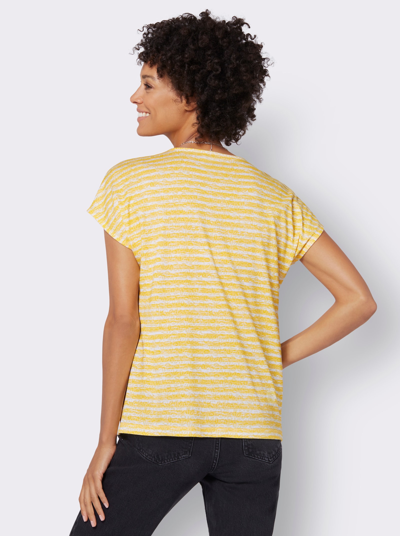 Rundhalsshirt mit weicher Baumwolle - sonnengelb-ecru-geringelt