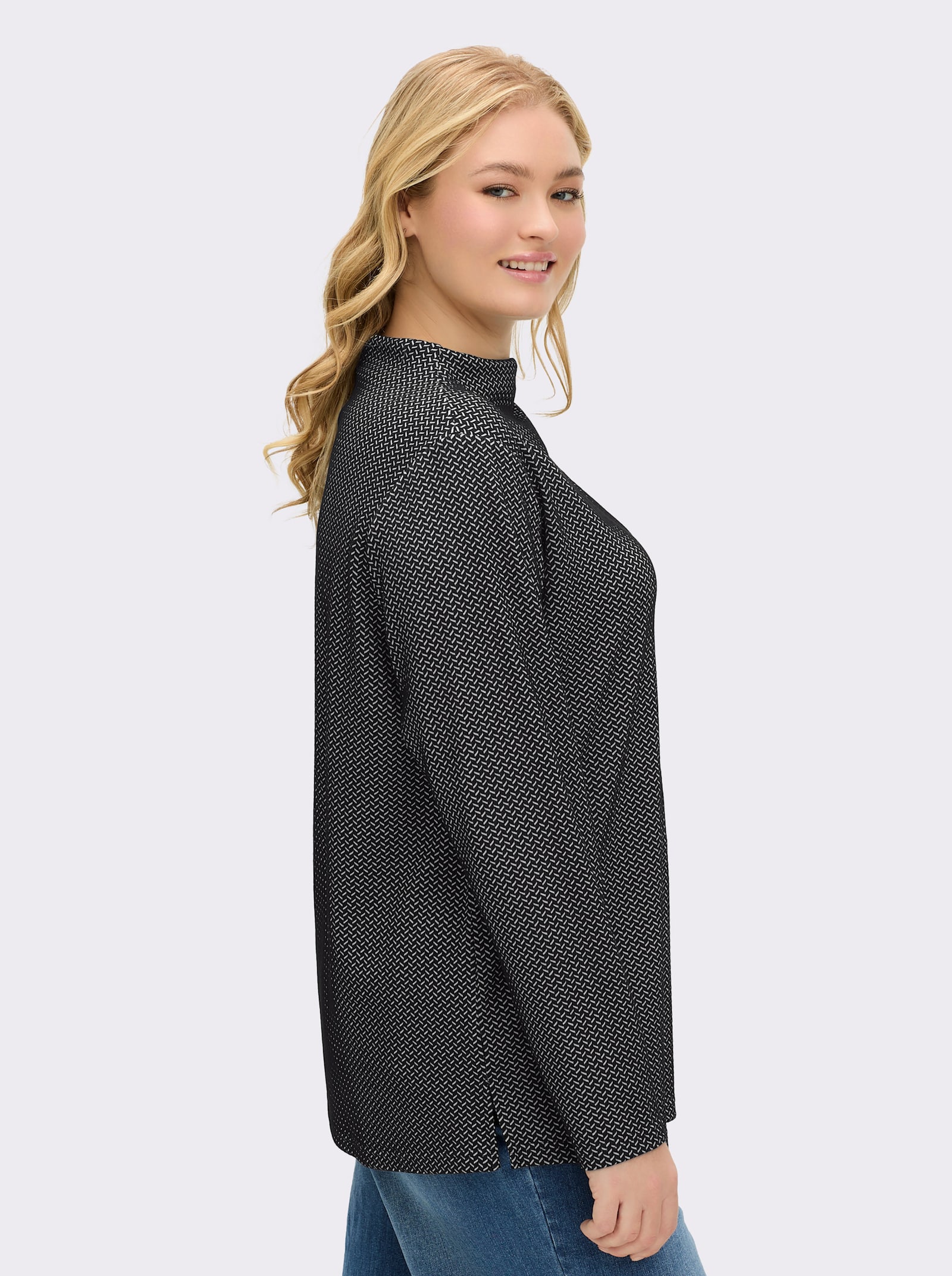 sheego Sweatshirt mit Fischgrät-Jacquardmuster - schwarz-ecru-gemustert
