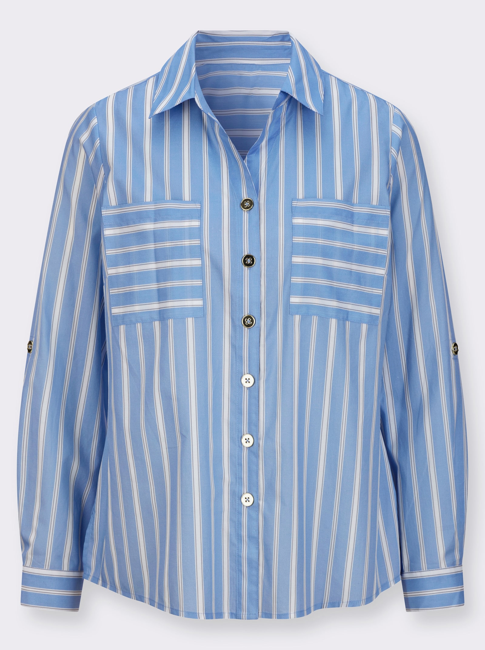 Hemdbluse mit Krempelärmeln - himmelblau-ecru-gestreift