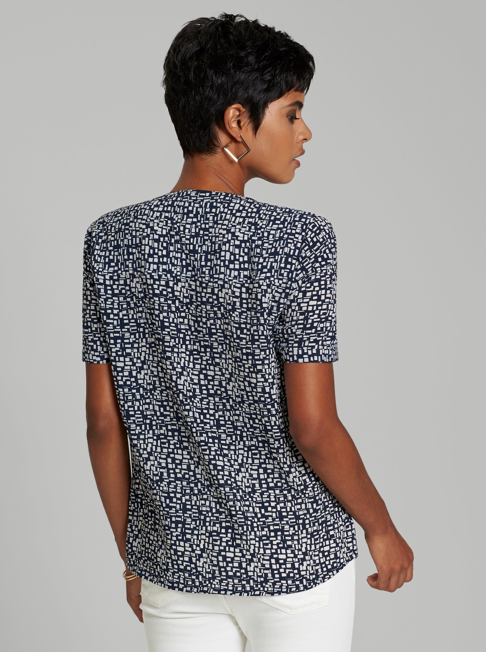 Kurzarmbluse mit Minimal-Druck - marine-weiß