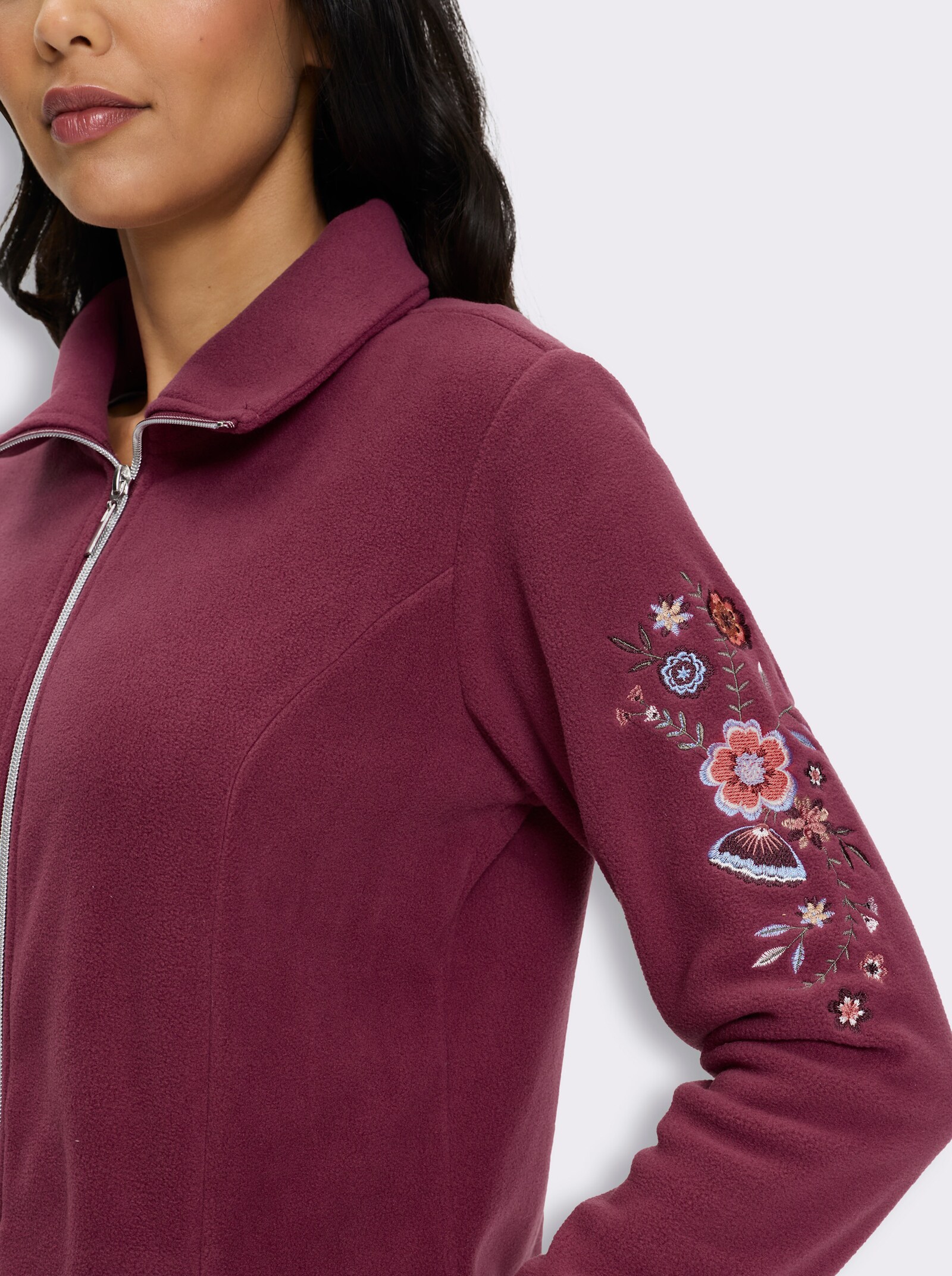 Fleecejacke mit Blütenstickerei - bordeaux