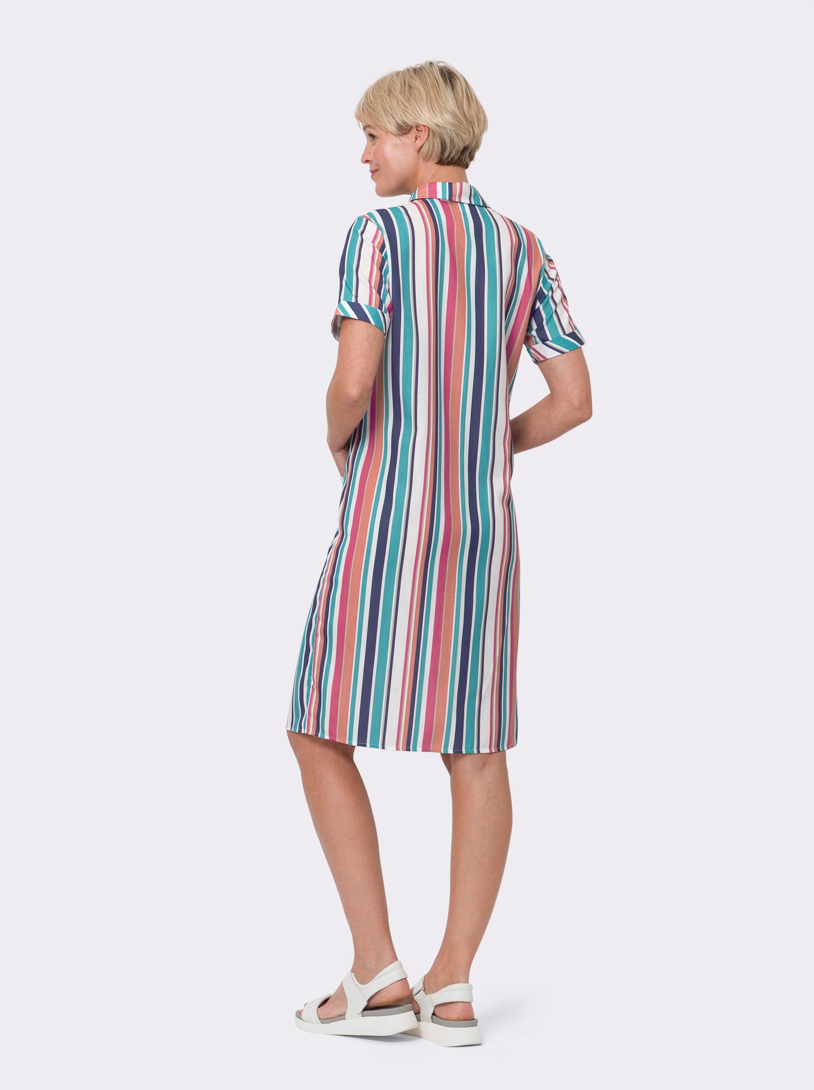 Hemdblusenkleid mit aufgesetzten Taschen - ozean-papaya-gestreift