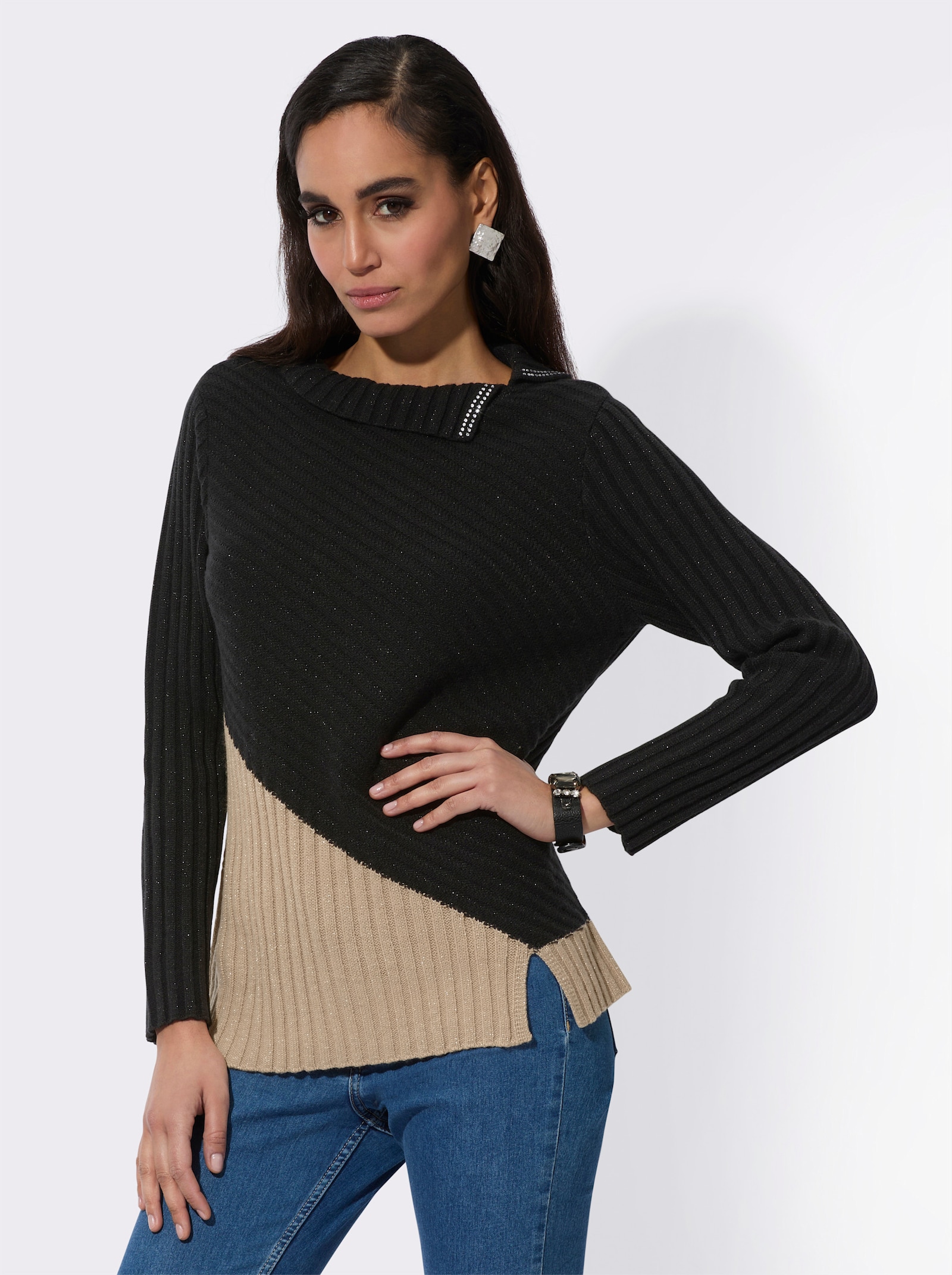 Jacquard-Pullover mit Schurwoll-Anteil - schwarz-beige-gemustert