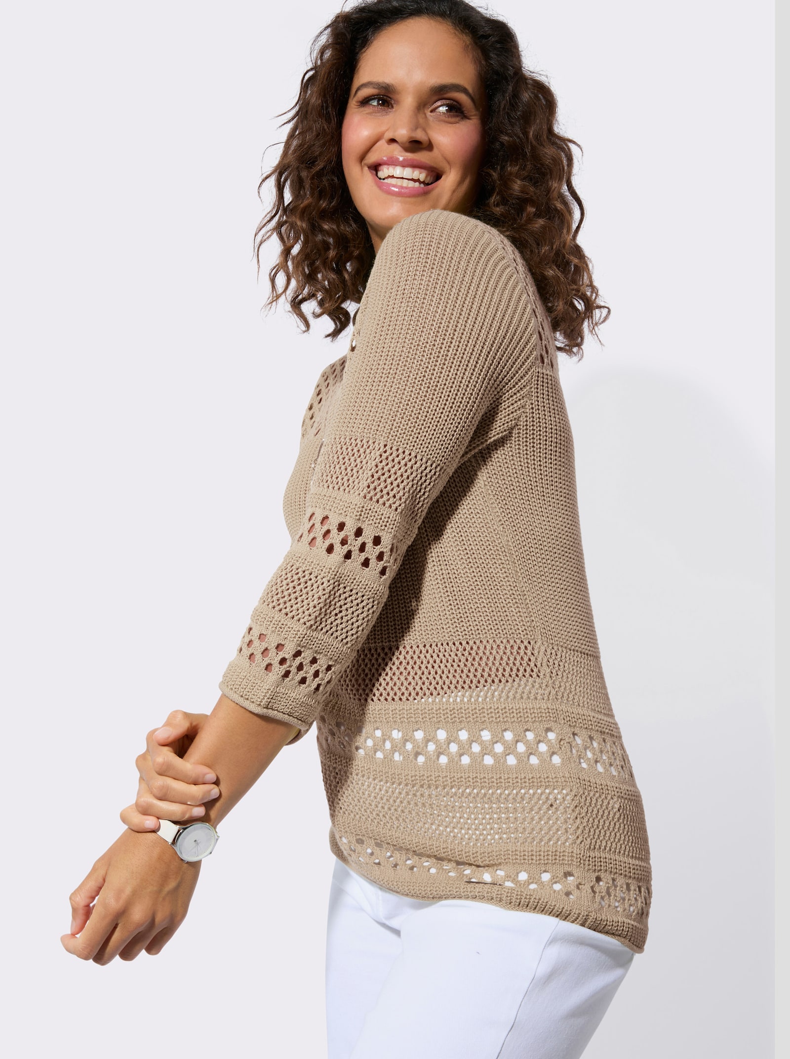 Ajourpullover mit Rollkanten - beige