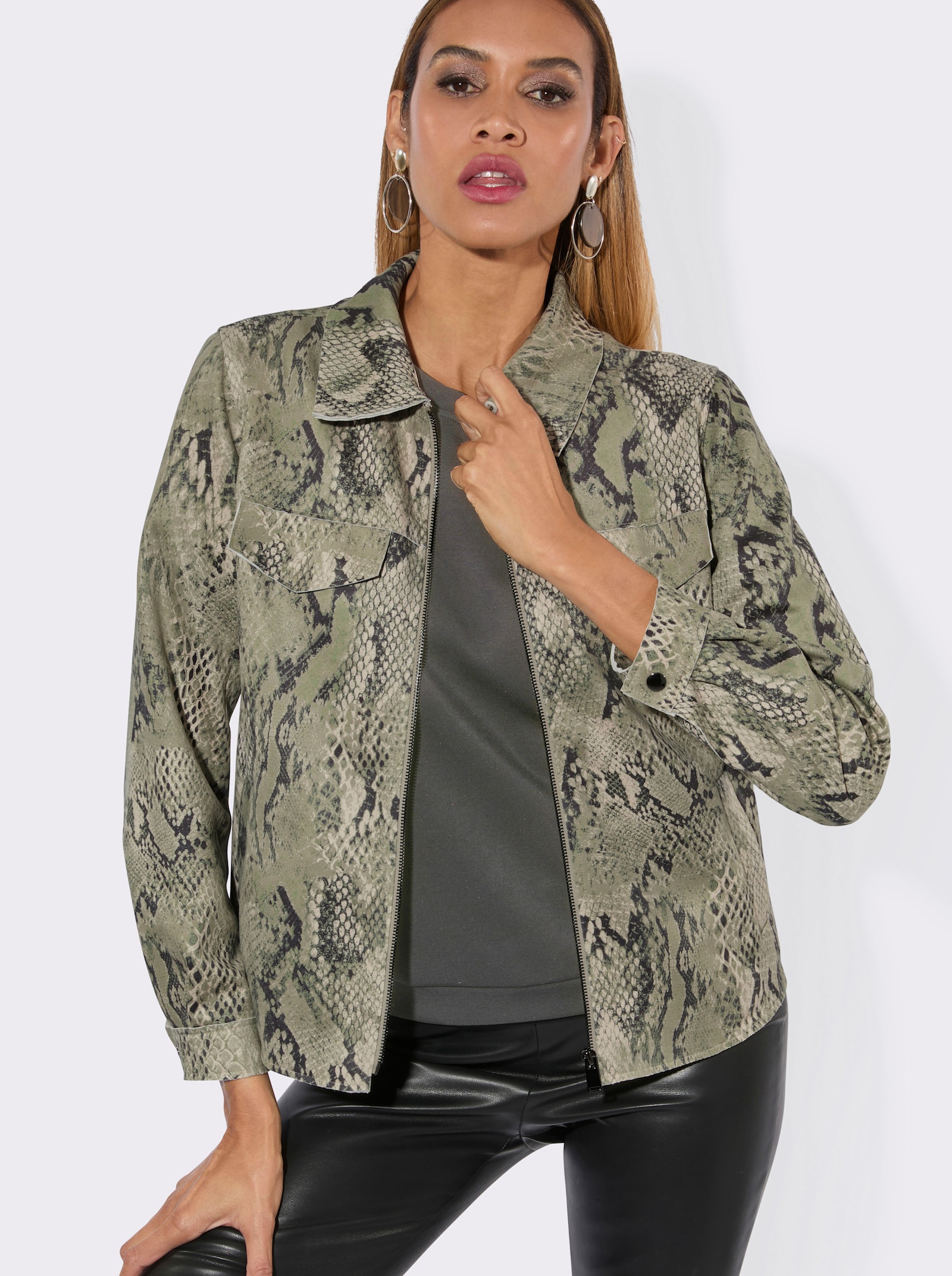 Lederimitat-Blazer im Schlangen-Print - elfenbein-graphit-bedruckt