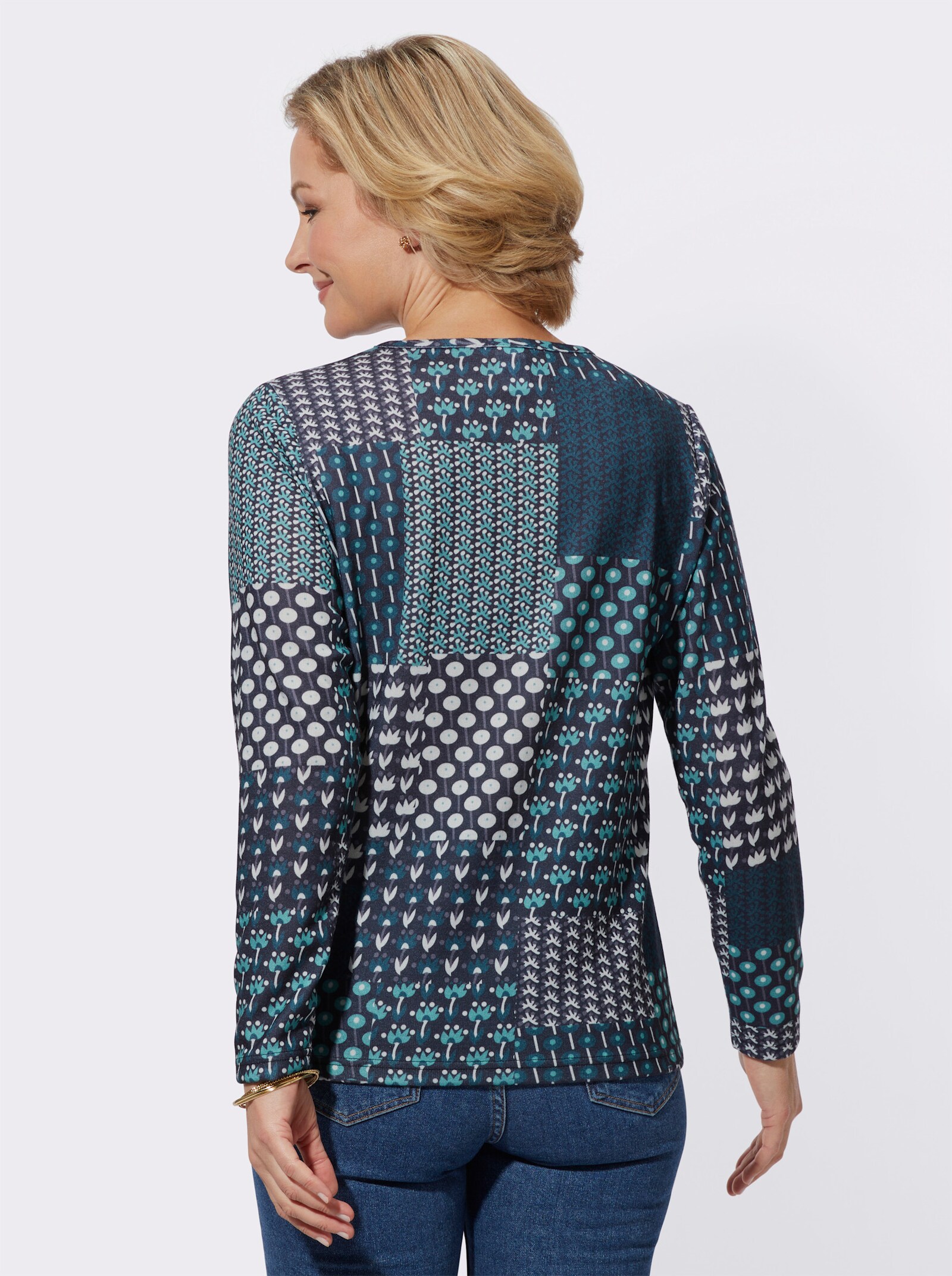 Langarmshirt mit Druck in Patch-Optik - petrol-schwarz-bedruckt