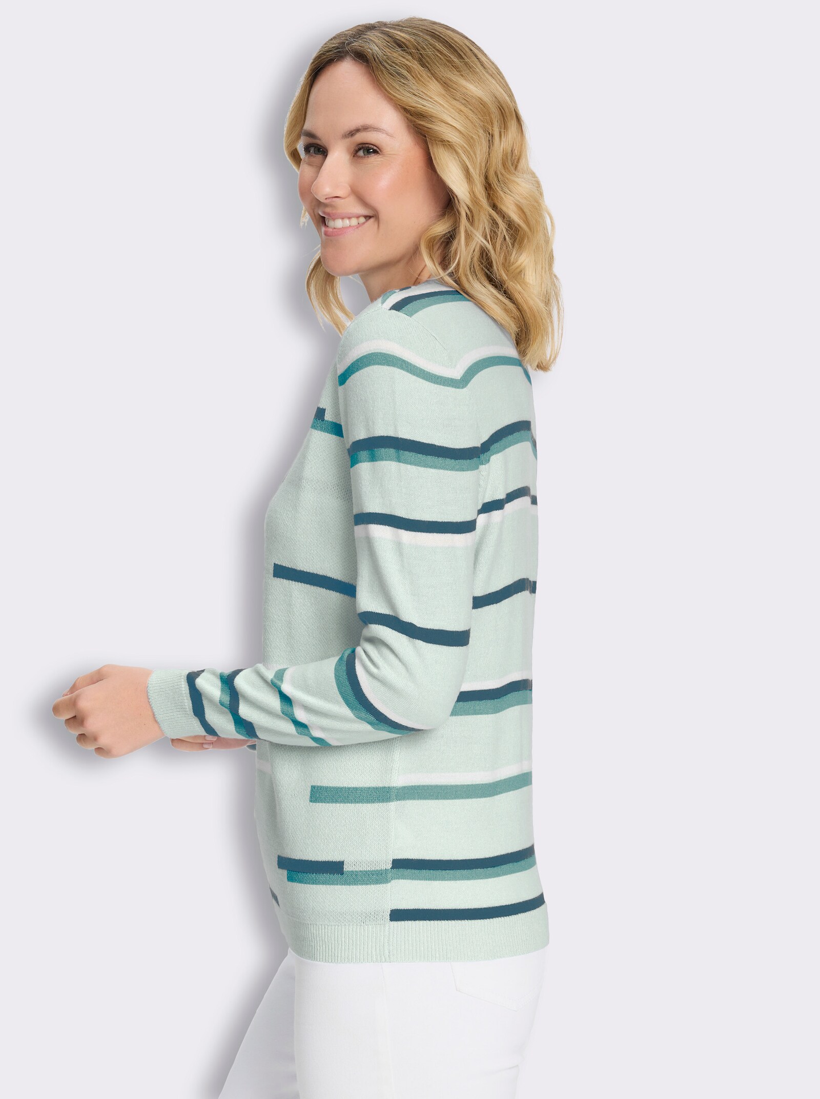Langarm-Pullover in Jacquard-Streifenmuster - zartmint-ozean-gemustert