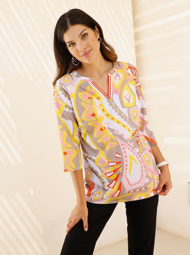 Longbluse - sonnengelb-ecru-bedruckt