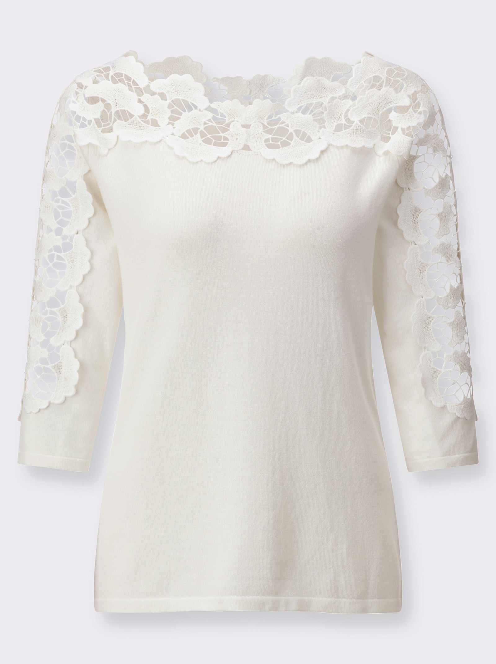3/4 Arm-Pullover mit Spitzenverzierung - ecru