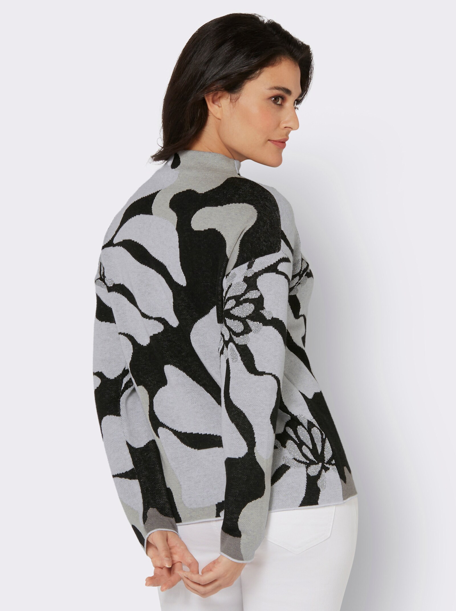 Jacquard-Pullover mit Glitzergarn, floral - schwarz-ecru-gemustert