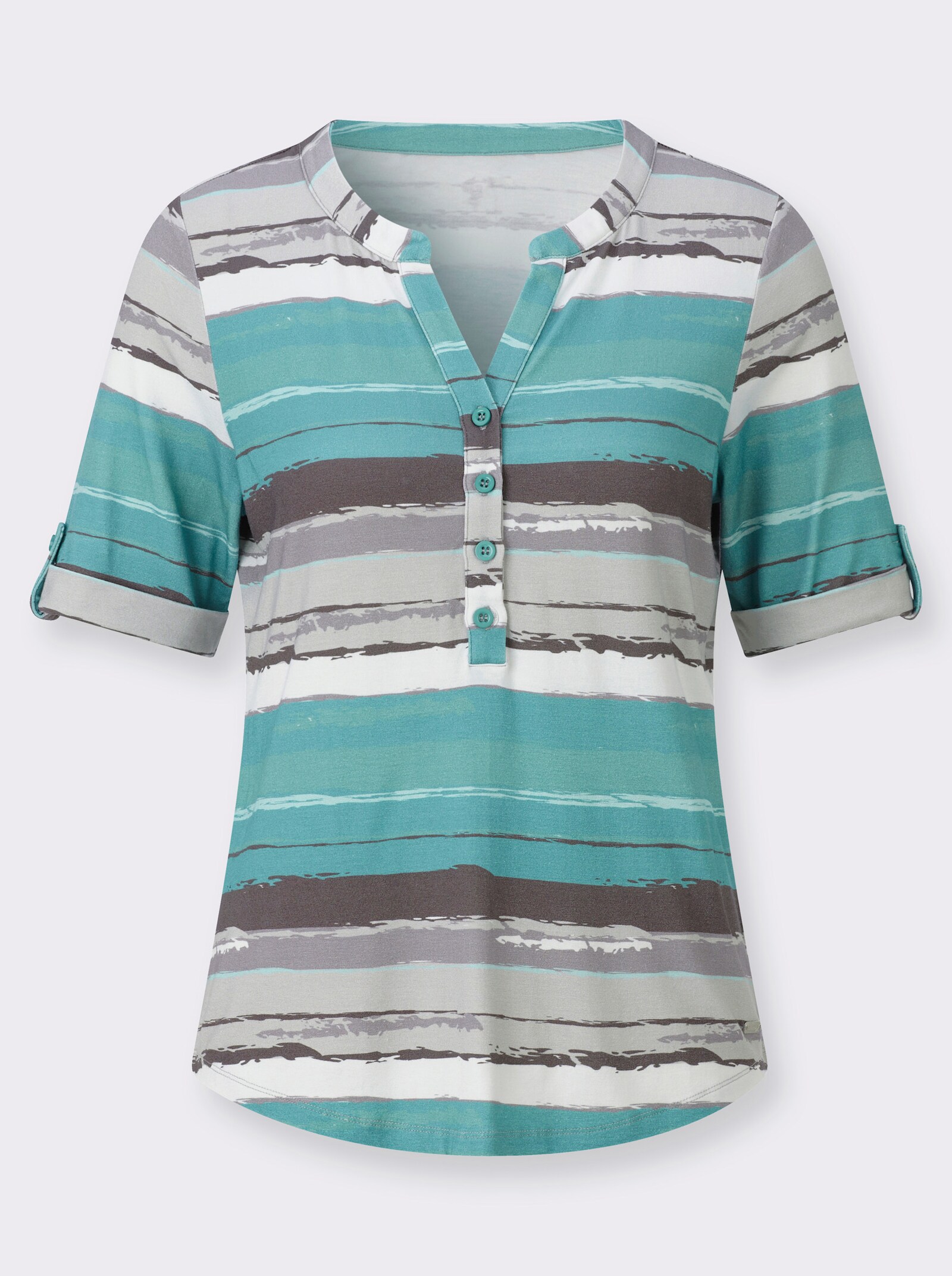 Rundhalsshirt mit kurzer Knopfleiste - mint-anthrazit-bedruckt