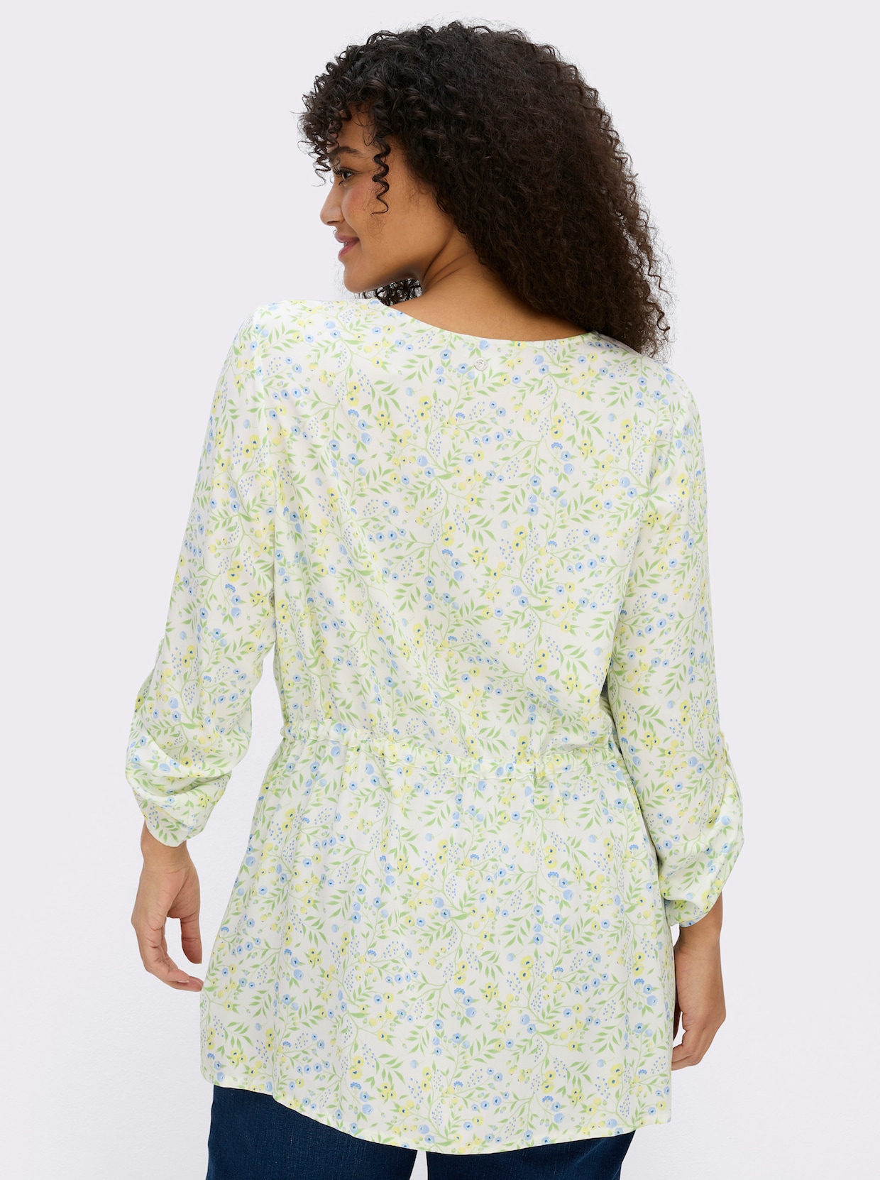 sheego Tunika mit Blumenprint und Taillen-Gummizug - ecru-eisblau-gemustert