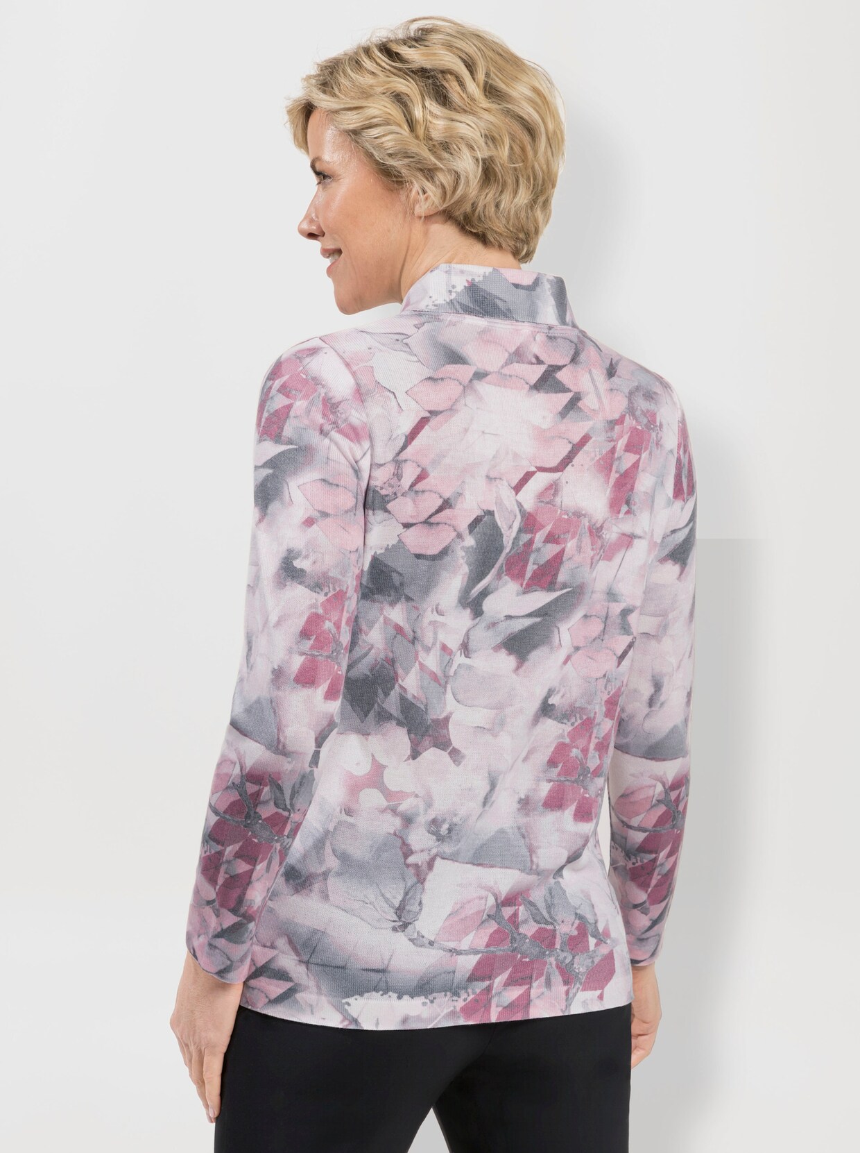 Pullover met V-hals - rozenkwarts/steengrijs gedessineerd