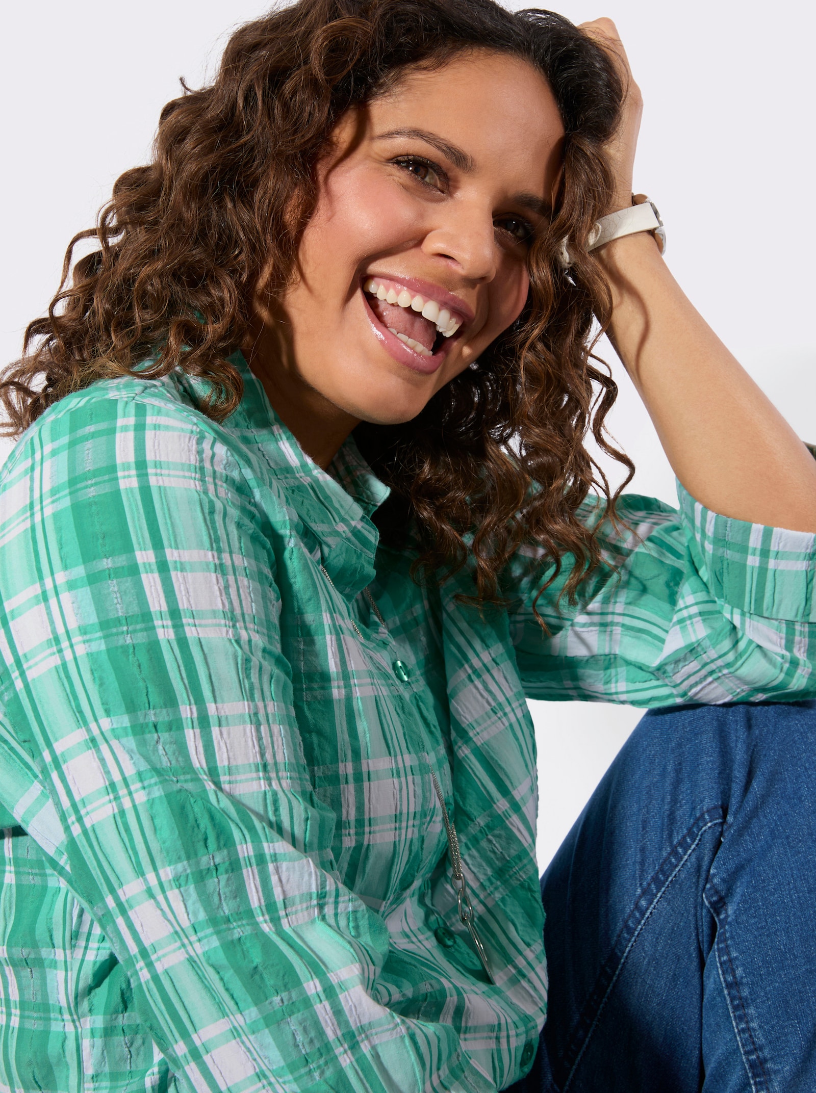 Geruite blouse van seersucker - smaragd/wit geruit