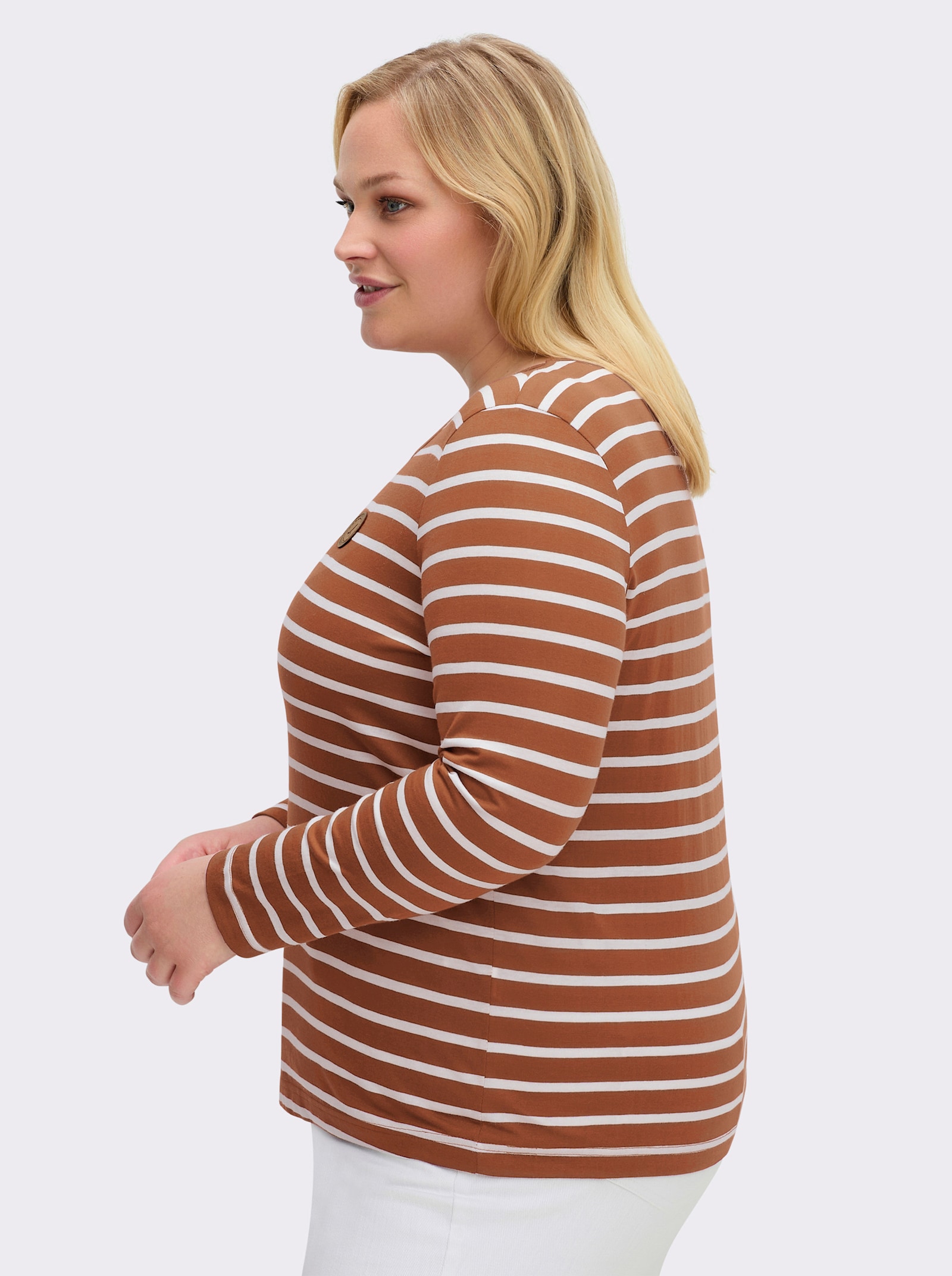 Ringelshirt mit Lederimitat-Patches - cognac-ecru-gestreift